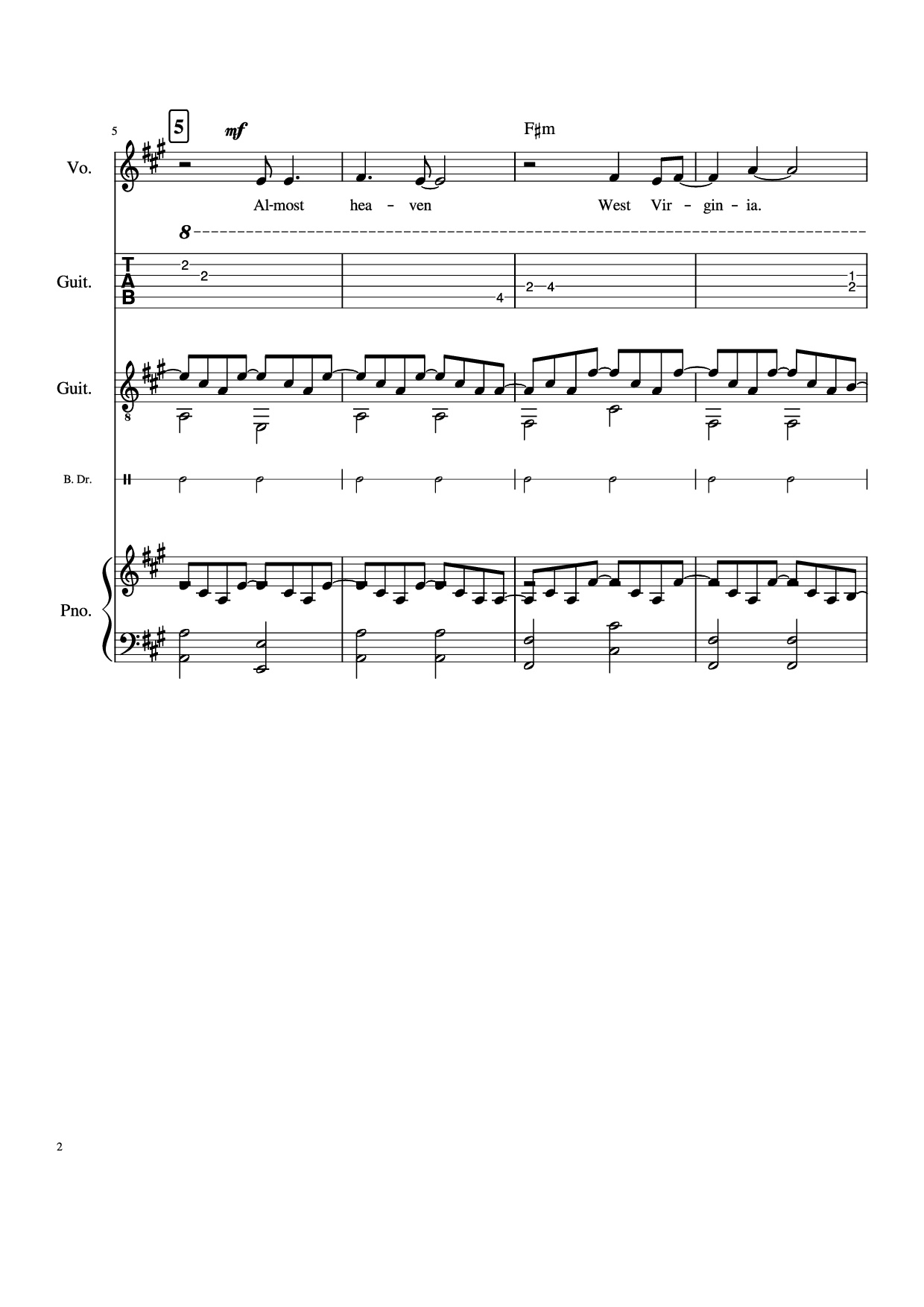 Page 2 of Sheet music PDF Piano Guitar Tab Take Me Home, Country Roads Piano - John Denver, Bill Danoff, et al