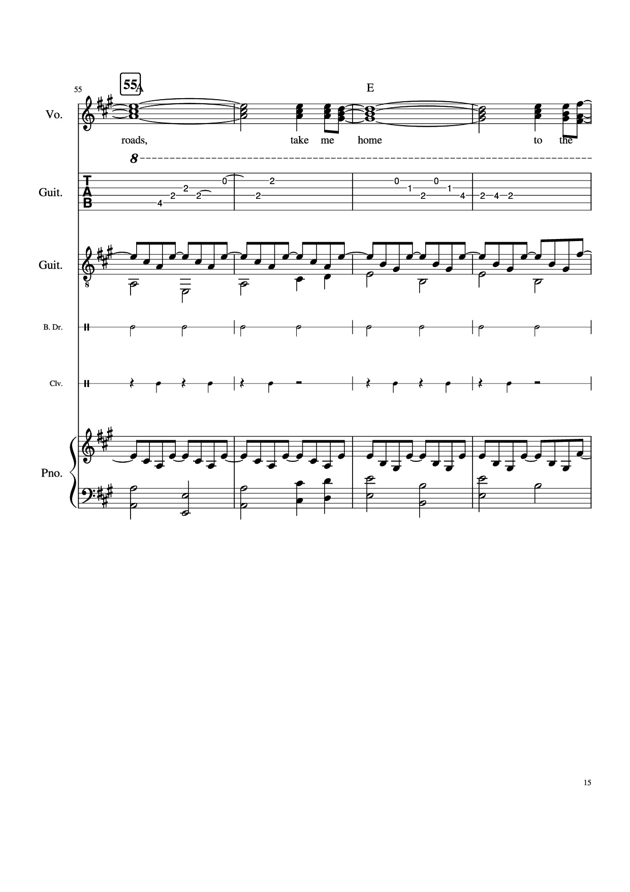 Page 15 of Sheet music PDF Piano Guitar Tab Take Me Home, Country Roads Piano - John Denver, Bill Danoff, et al