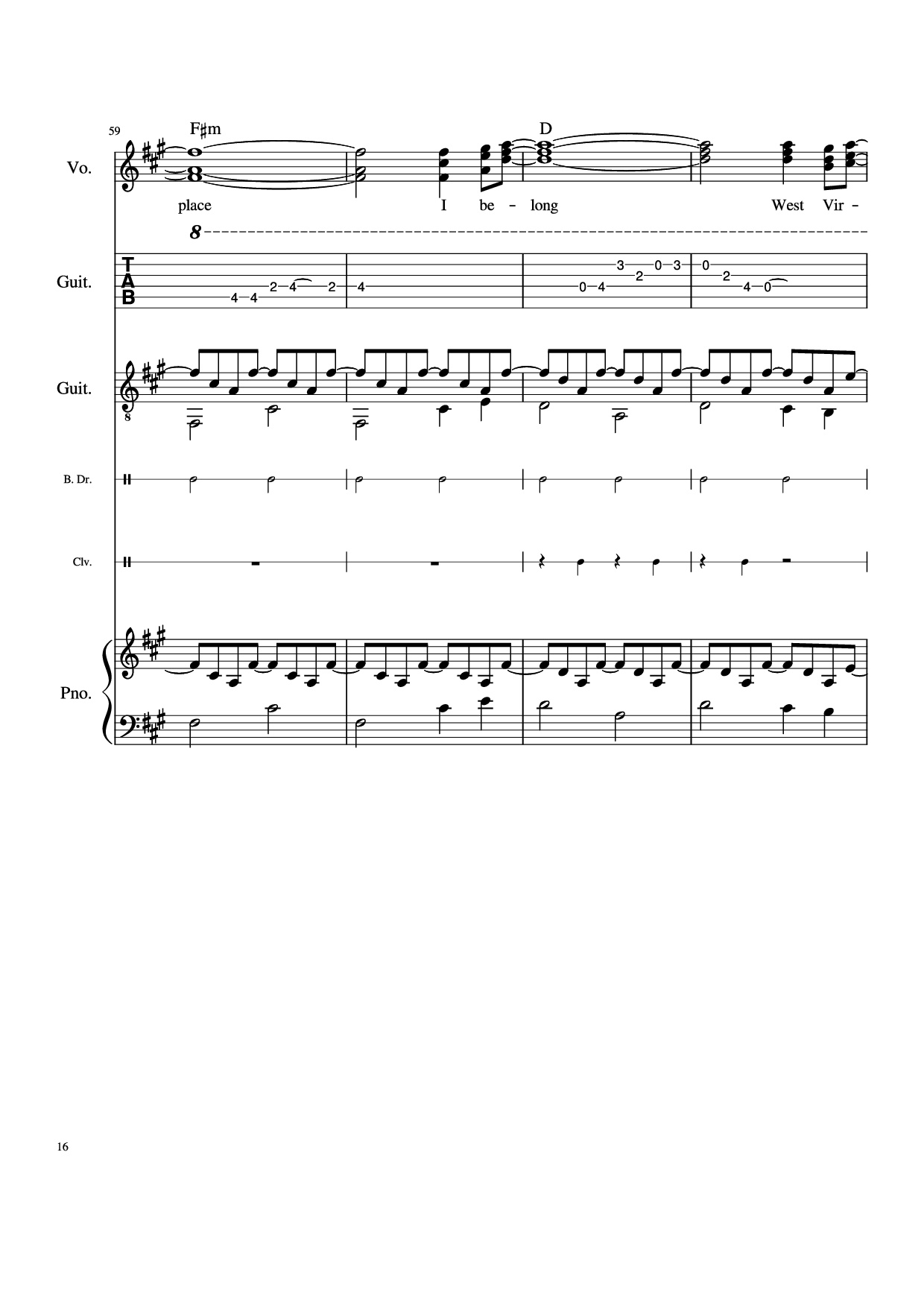 Page 16 of Sheet music PDF Piano Guitar Tab Take Me Home, Country Roads Piano - John Denver, Bill Danoff, et al