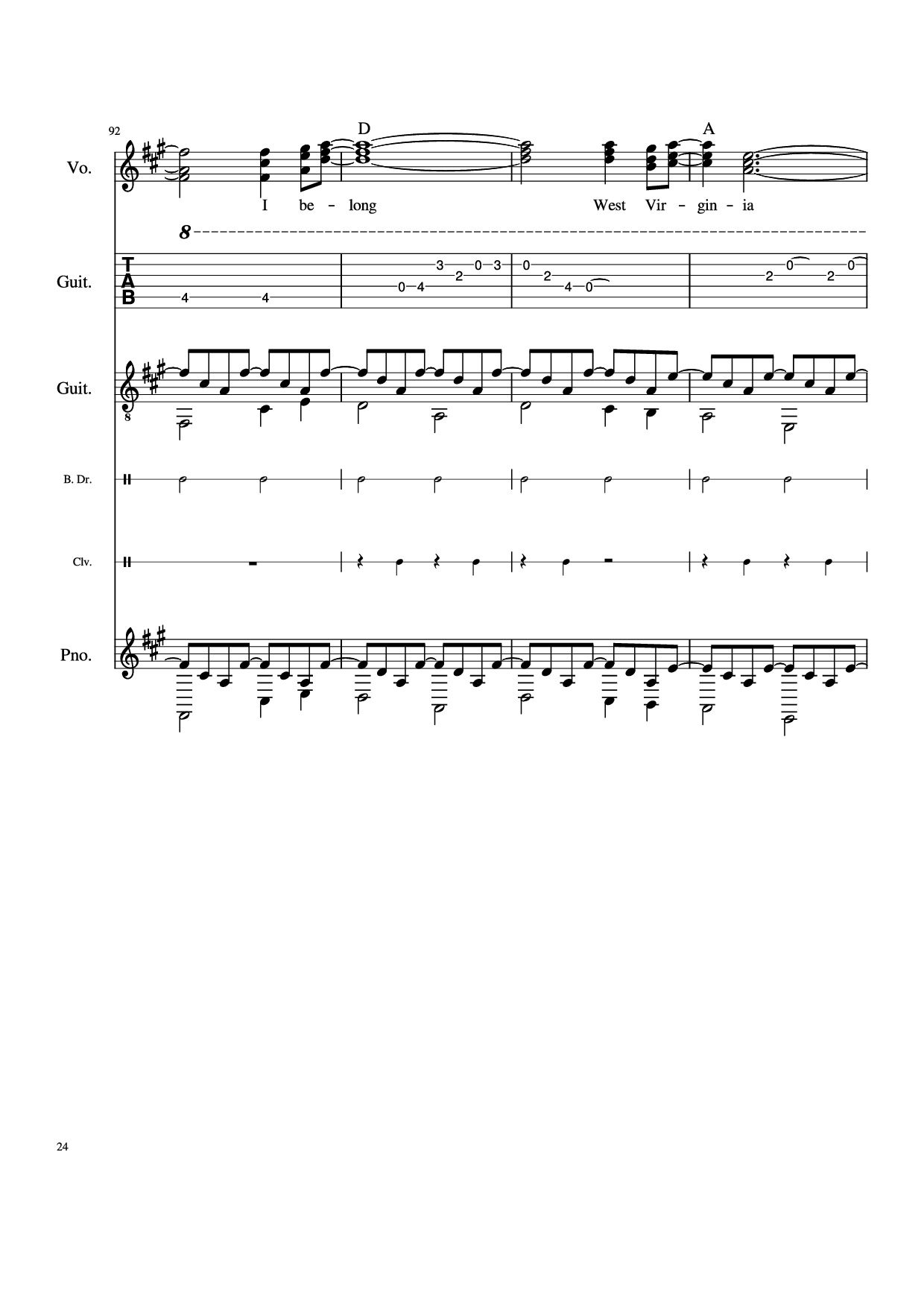 Page 24 of Sheet music PDF Piano Guitar Tab Take Me Home, Country Roads Piano - John Denver, Bill Danoff, et al