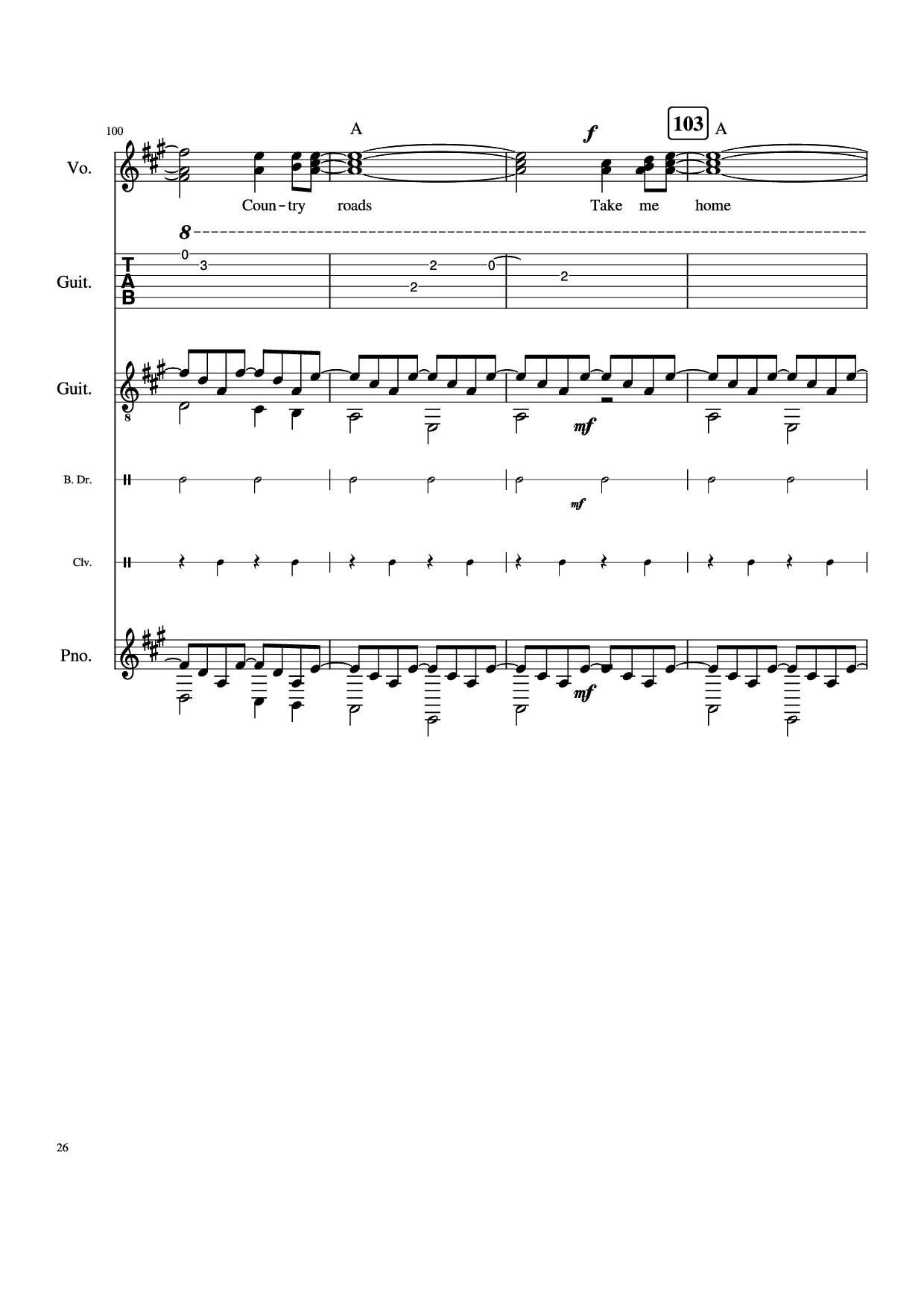 Page 26 of Sheet music PDF Piano Guitar Tab Take Me Home, Country Roads Piano - John Denver, Bill Danoff, et al