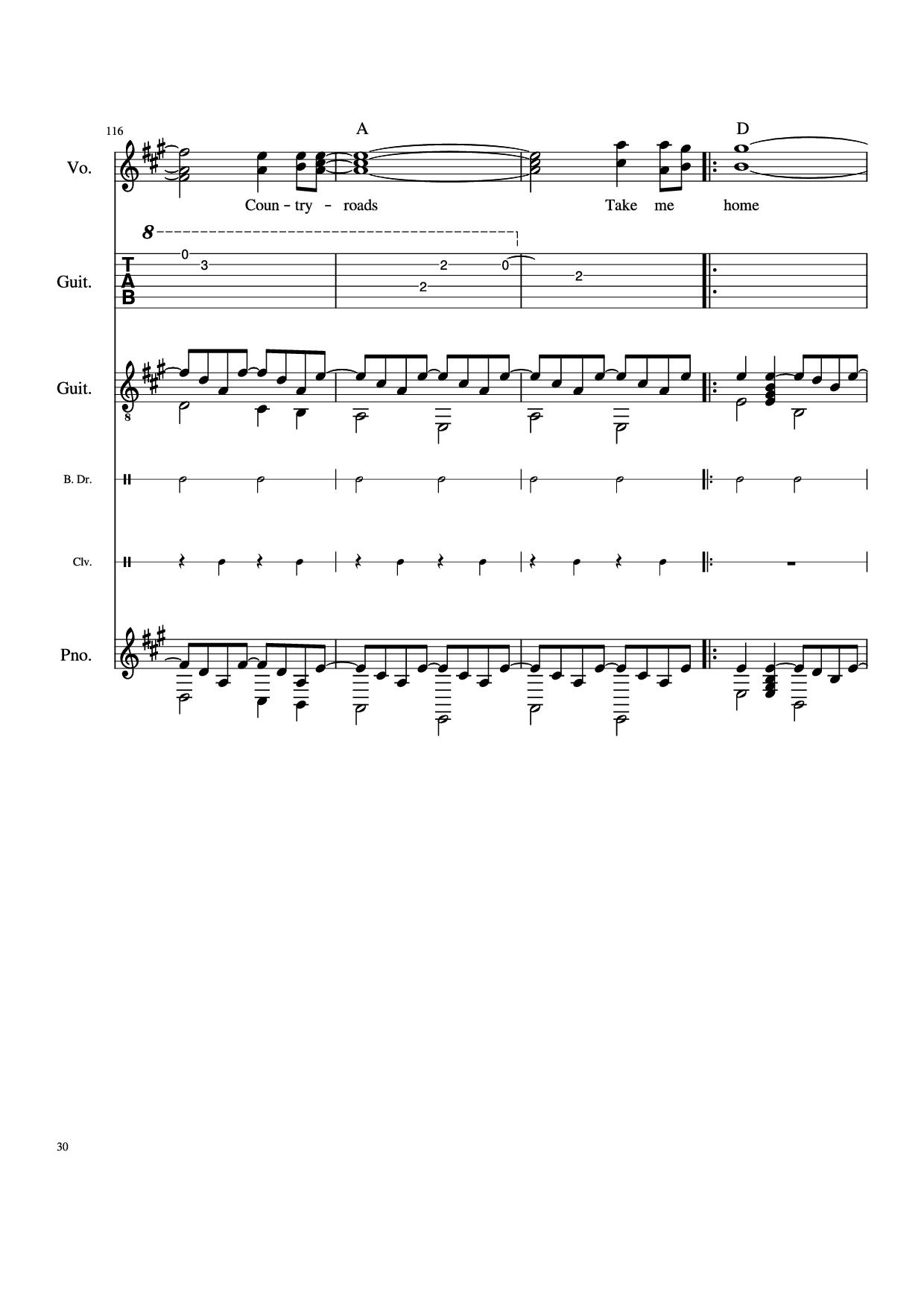 Page 30 of Sheet music PDF Piano Guitar Tab Take Me Home, Country Roads Piano - John Denver, Bill Danoff, et al