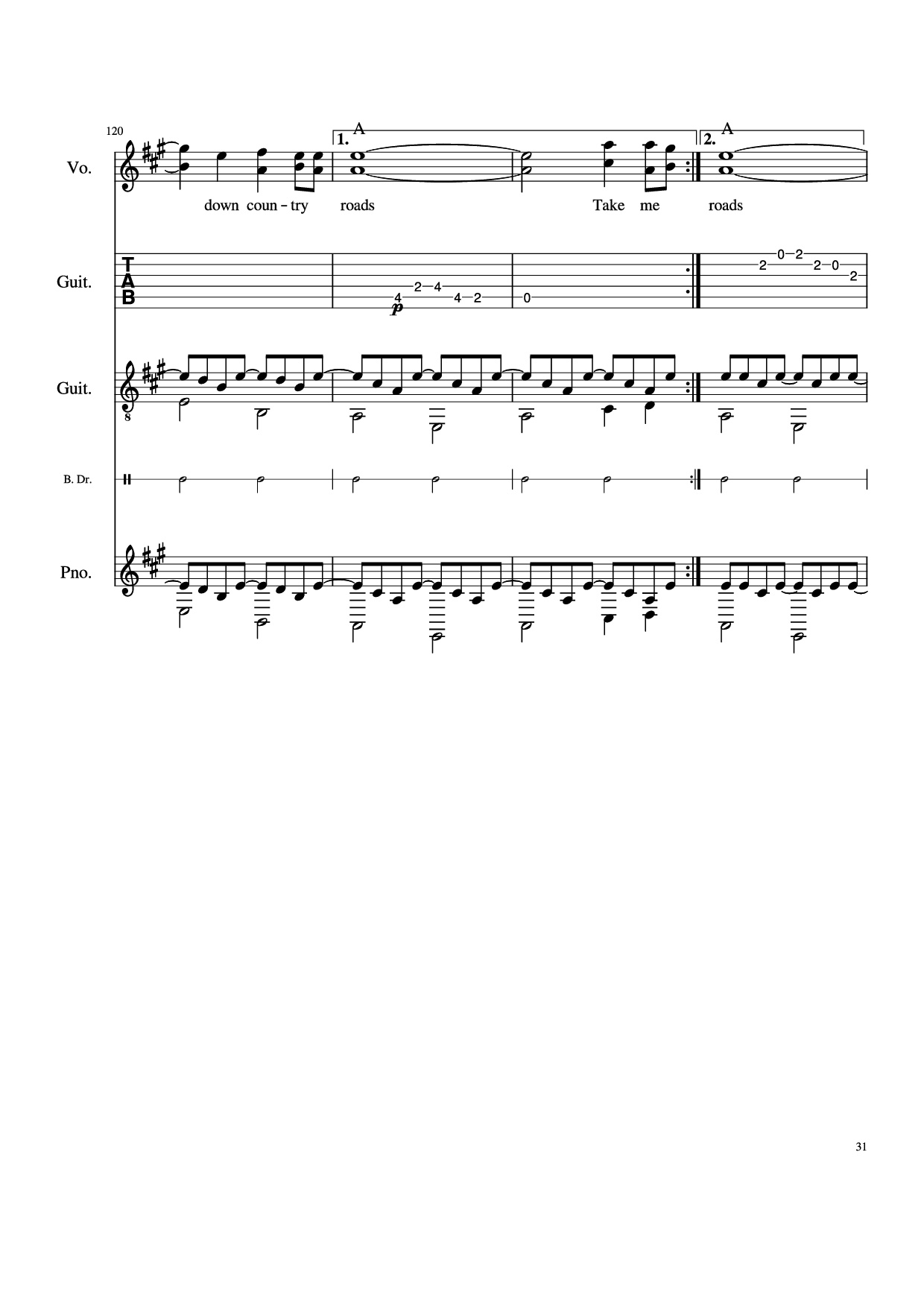 Page 31 of Sheet music PDF Piano Guitar Tab Take Me Home, Country Roads Piano - John Denver, Bill Danoff, et al