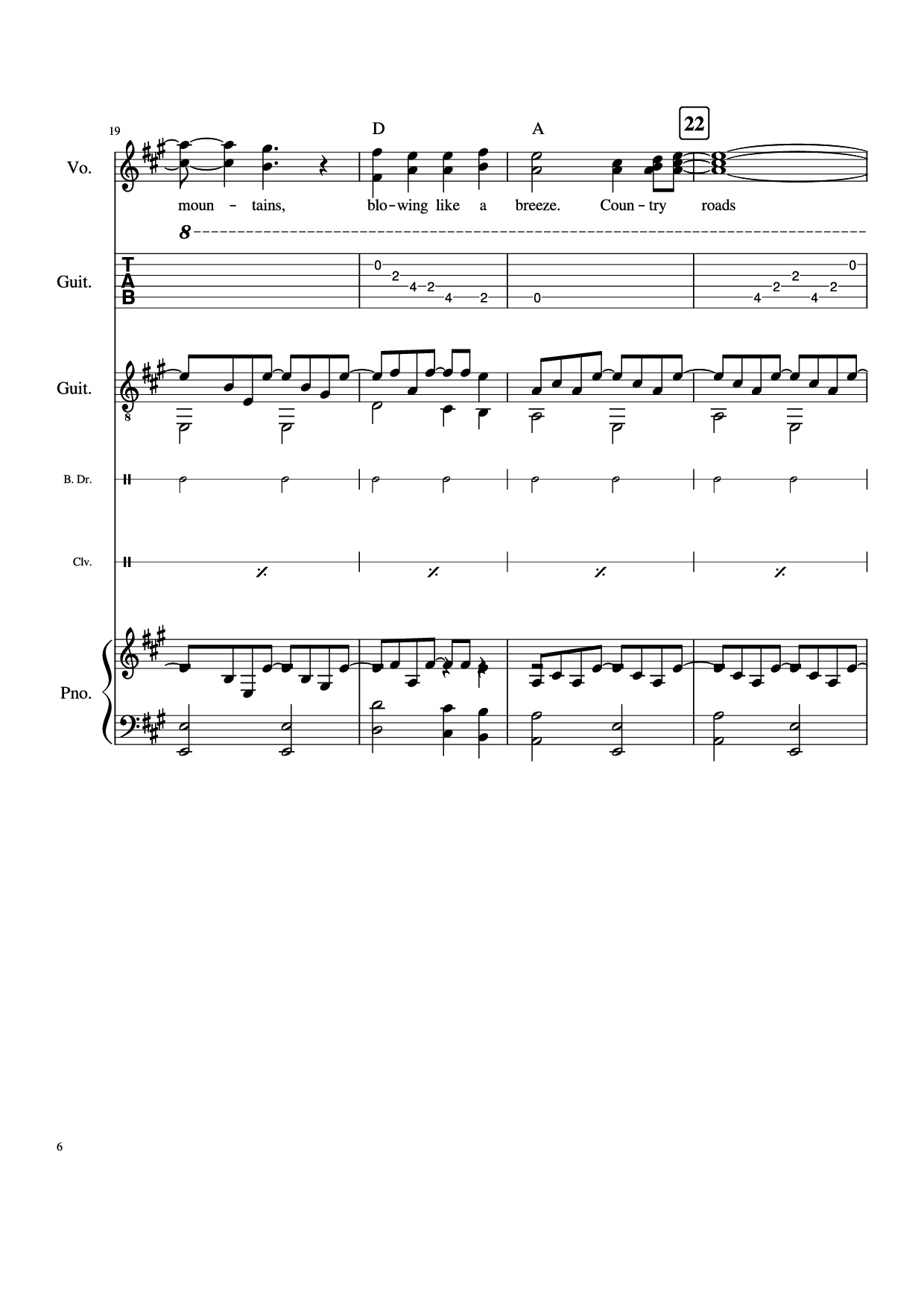Page 6 of Sheet music PDF Piano Guitar Tab Take Me Home, Country Roads Piano - John Denver, Bill Danoff, et al