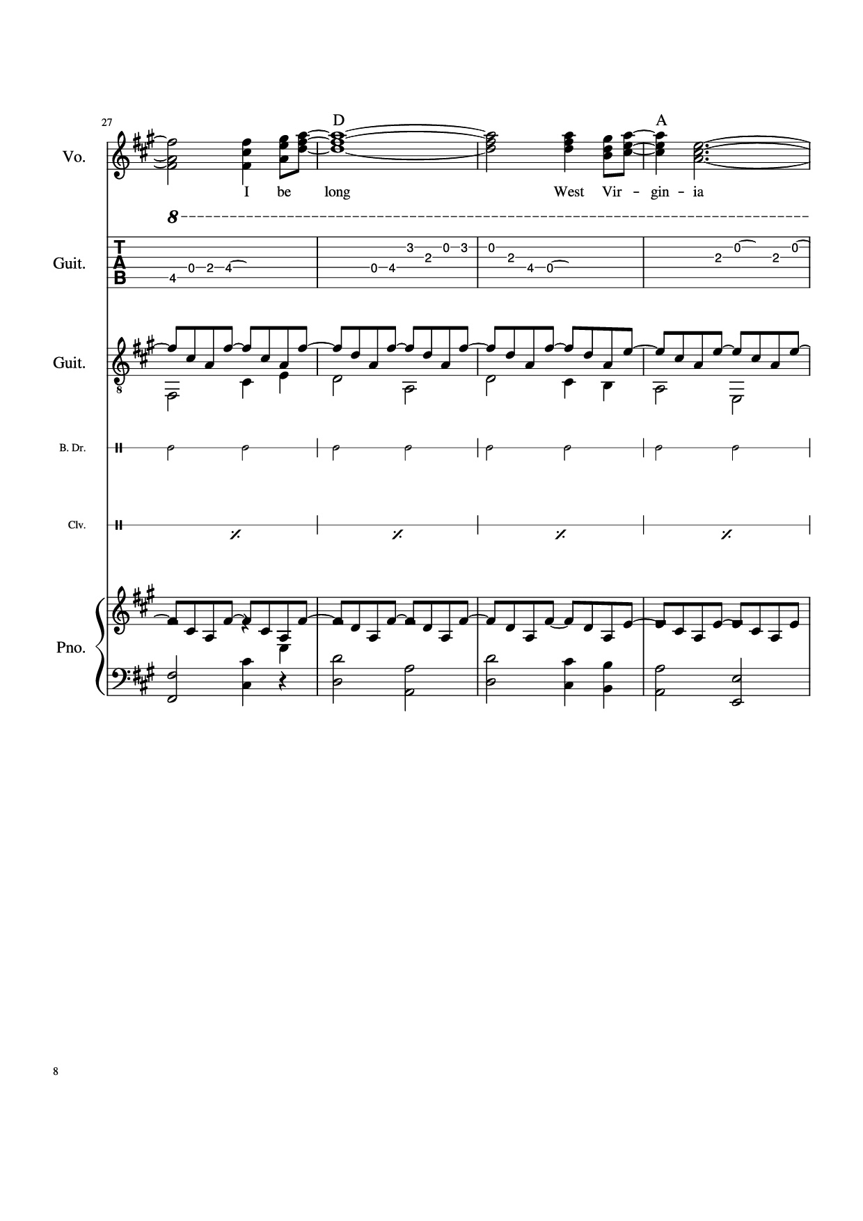 Page 8 of Sheet music PDF Piano Guitar Tab Take Me Home, Country Roads Piano - John Denver, Bill Danoff, et al