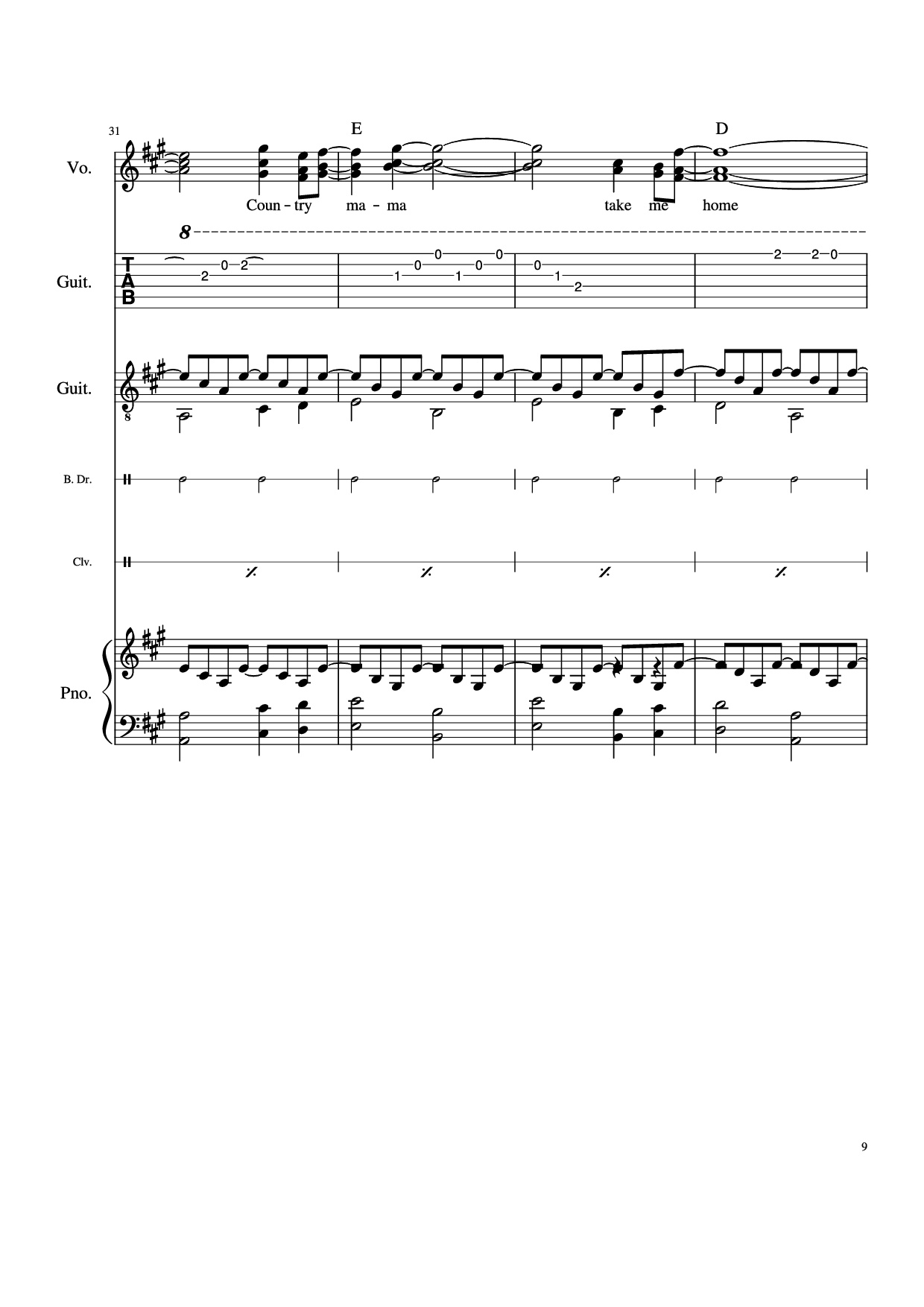 Page 9 of Sheet music PDF Piano Guitar Tab Take Me Home, Country Roads Piano - John Denver, Bill Danoff, et al