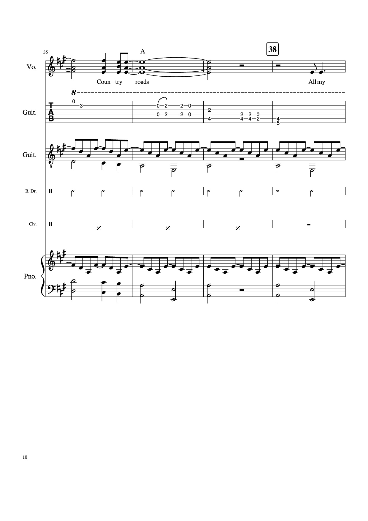 Page 10 of Sheet music PDF Piano Guitar Tab Take Me Home, Country Roads Piano - John Denver, Bill Danoff, et al