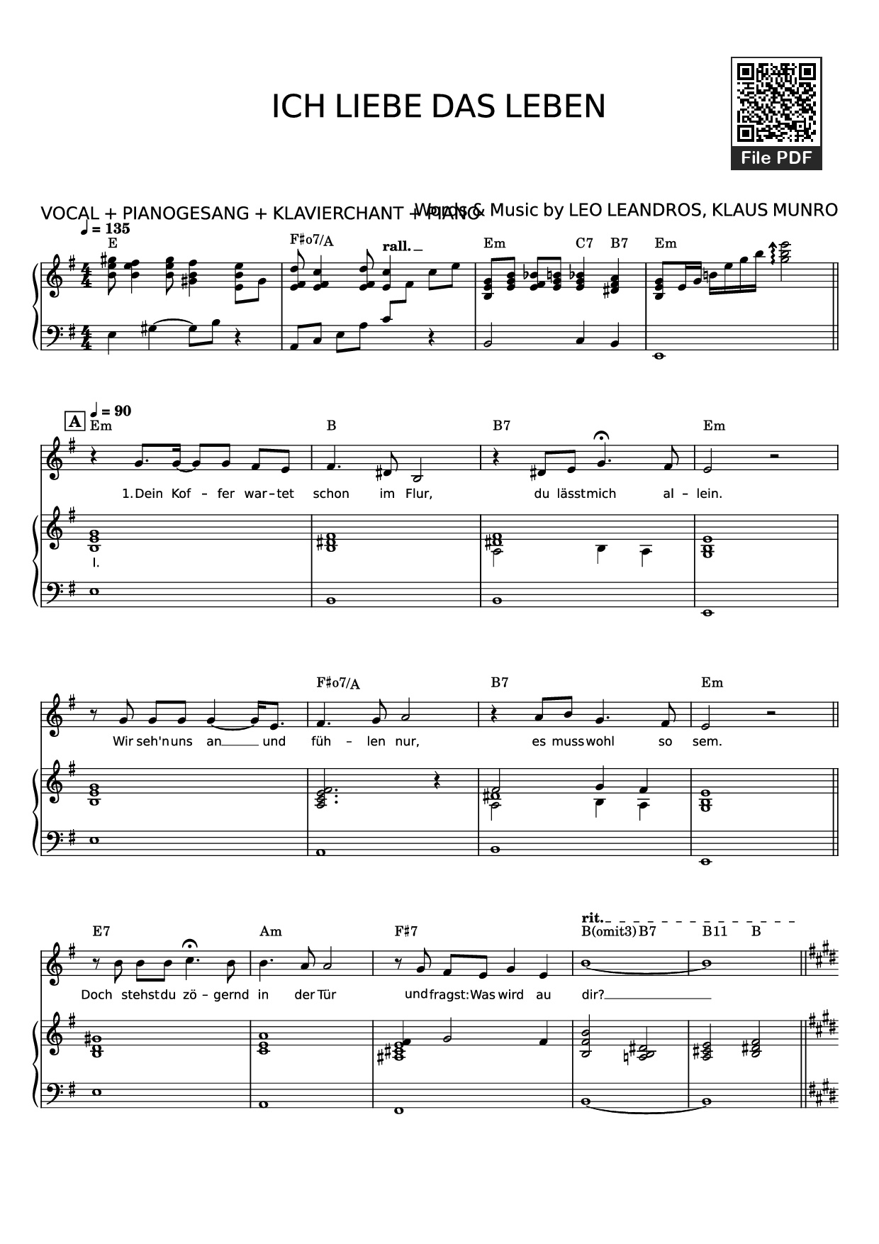 Page 1 of Sheet music PDF Piano ICH LIEBE DAS LEBEN Piano - Words & Music by LEO LEANDROS, KLAUS MUNRO