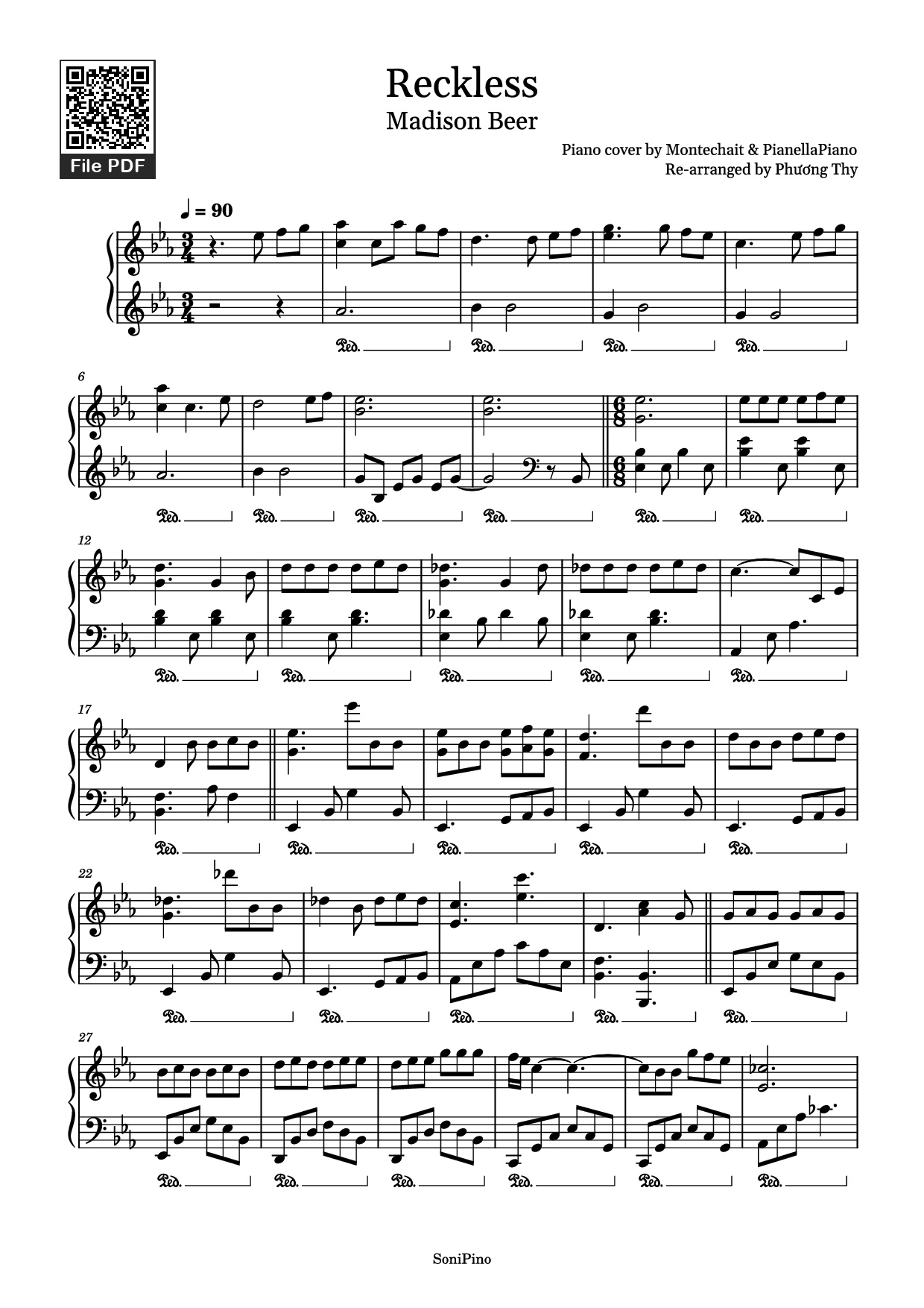 Page 1 of Sheet music PDF Reckless Piano - Piano cover by Montechait & PianellaPiano