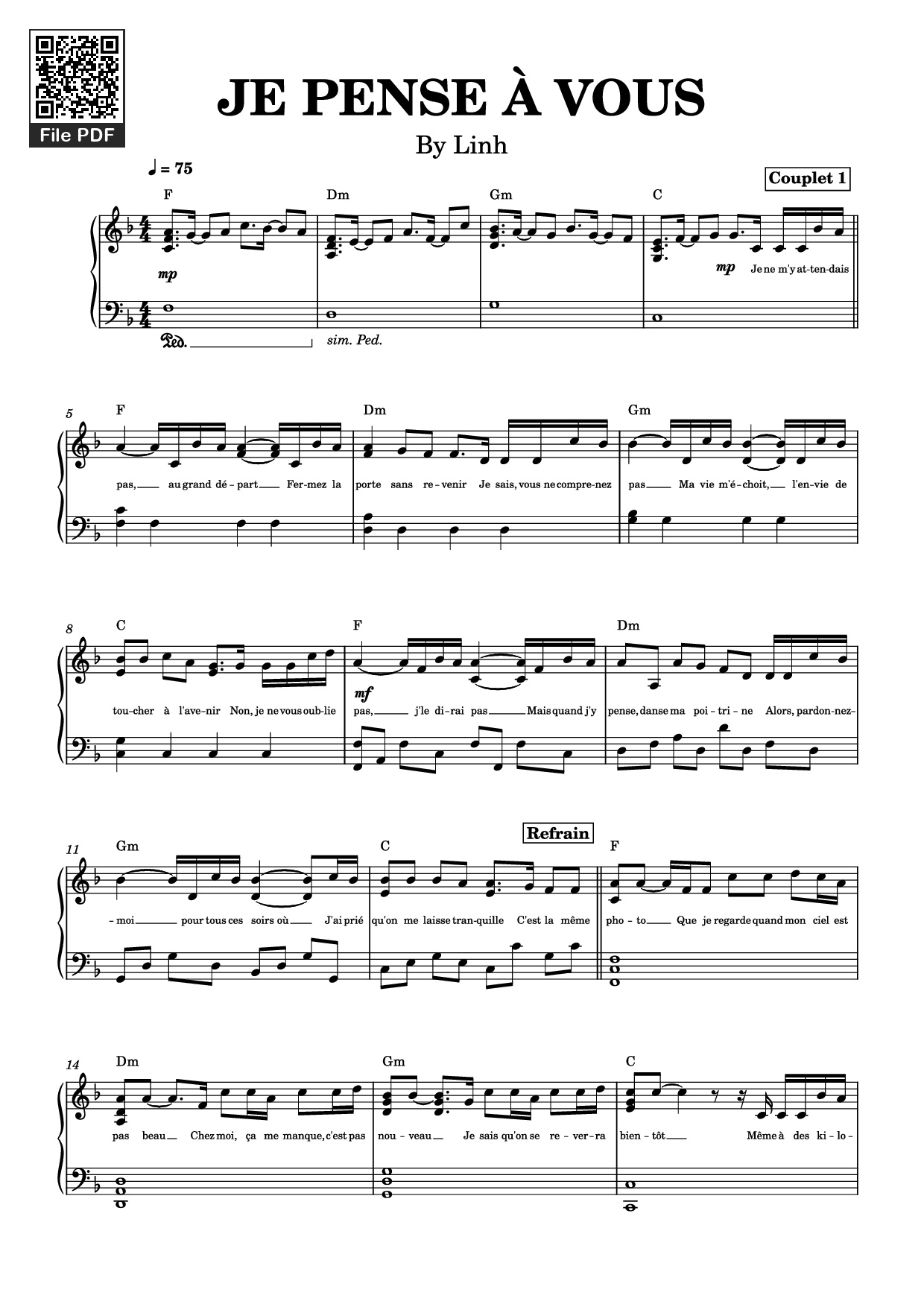 Page 1 of Sheet music PDF Piano JE PENSE À VOUS Piano - Linh