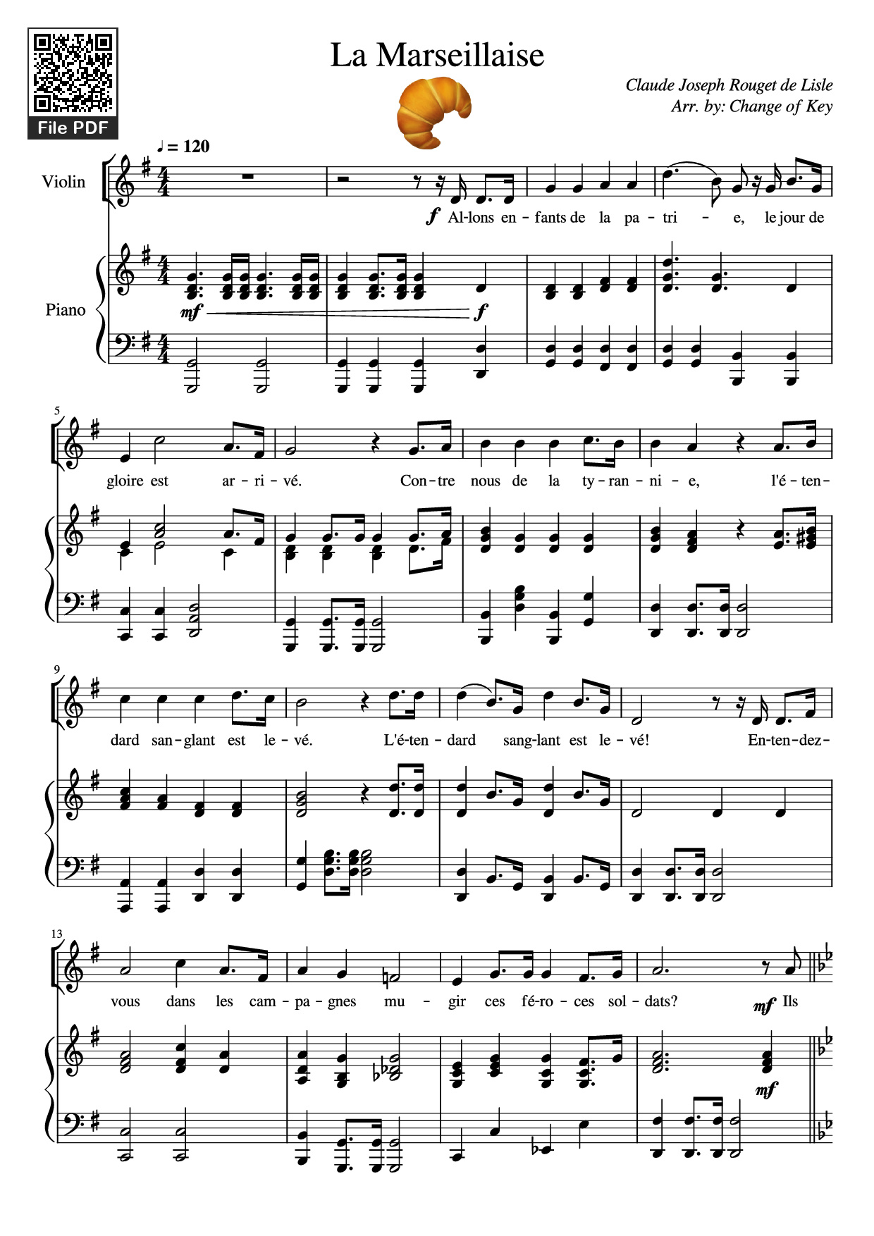 Page 1 of Sheet music PDF Piano La Marseillaise Piano - Claude Joseph Rouget de Lisle