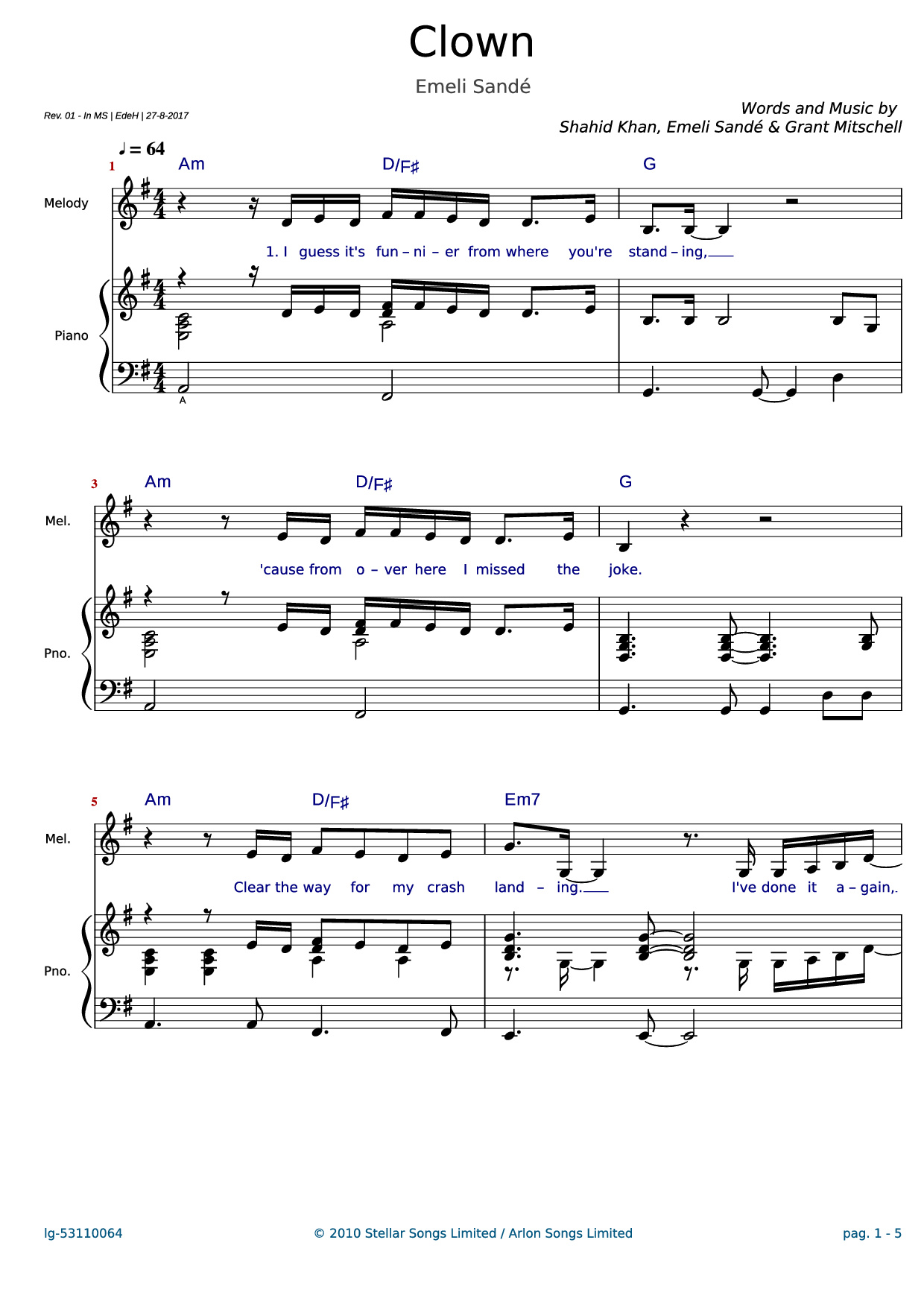 Page 1 of Sheet music PDF Piano Clown Piano - Words and Music by Shahid Khan, Emeli Sand? & Grant Mitschell