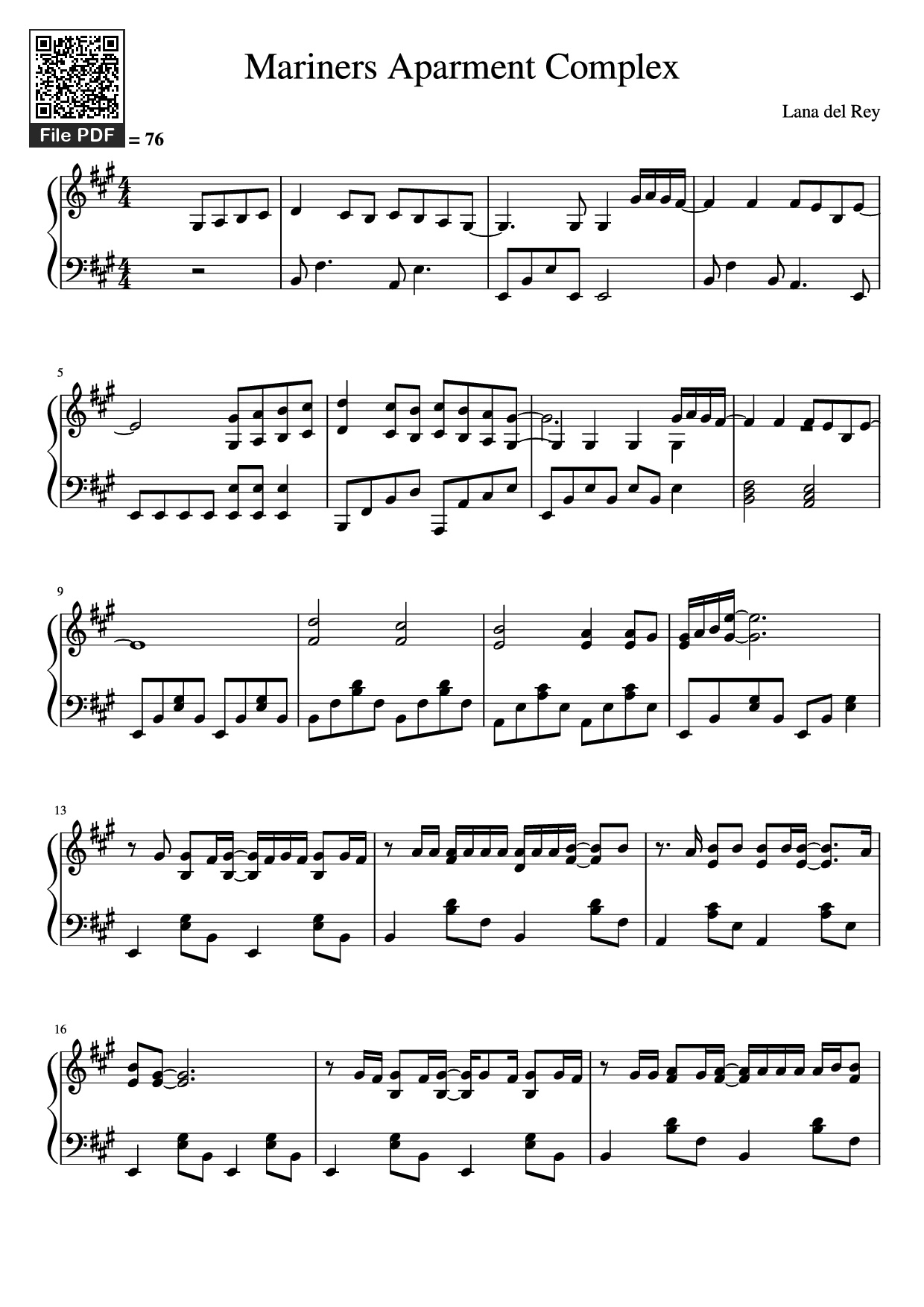 Page 1 of Sheet music PDF Piano Mariners Aparment Complex Piano - Lana del Rey