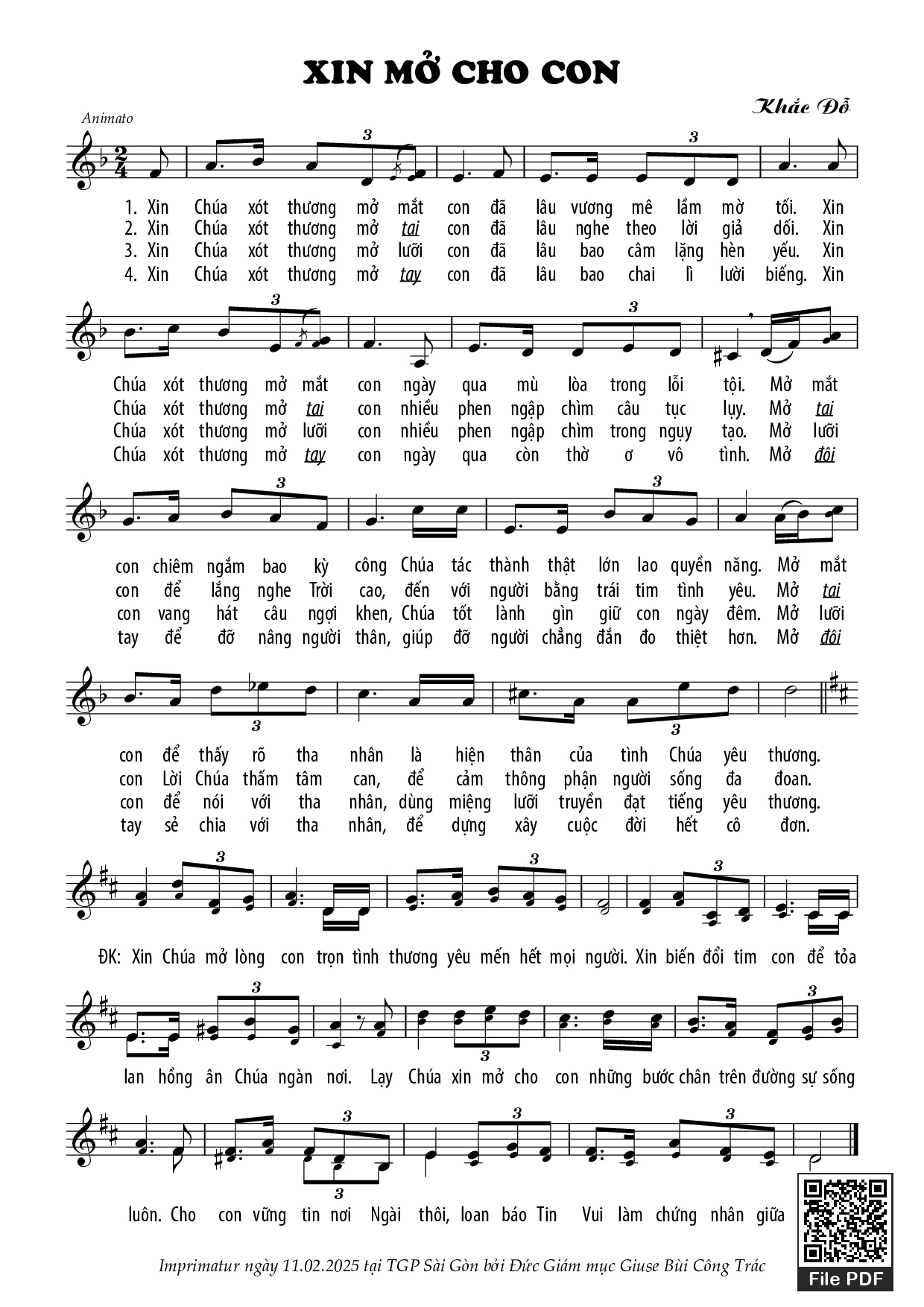 Sheet PDF of Xin Mở Cho Con