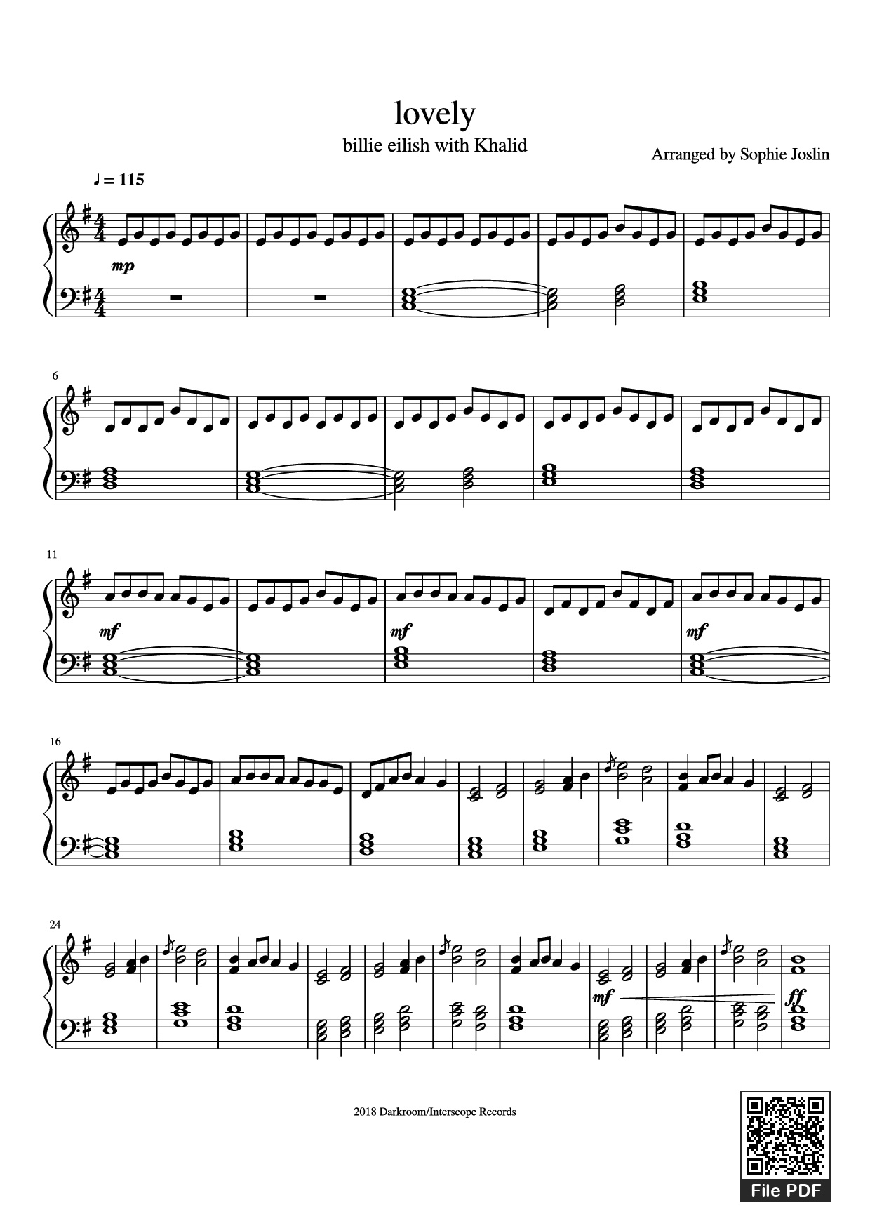 Page 1 of Sheet music PDF Piano lovely Piano - Arranged by Sophie Joslin