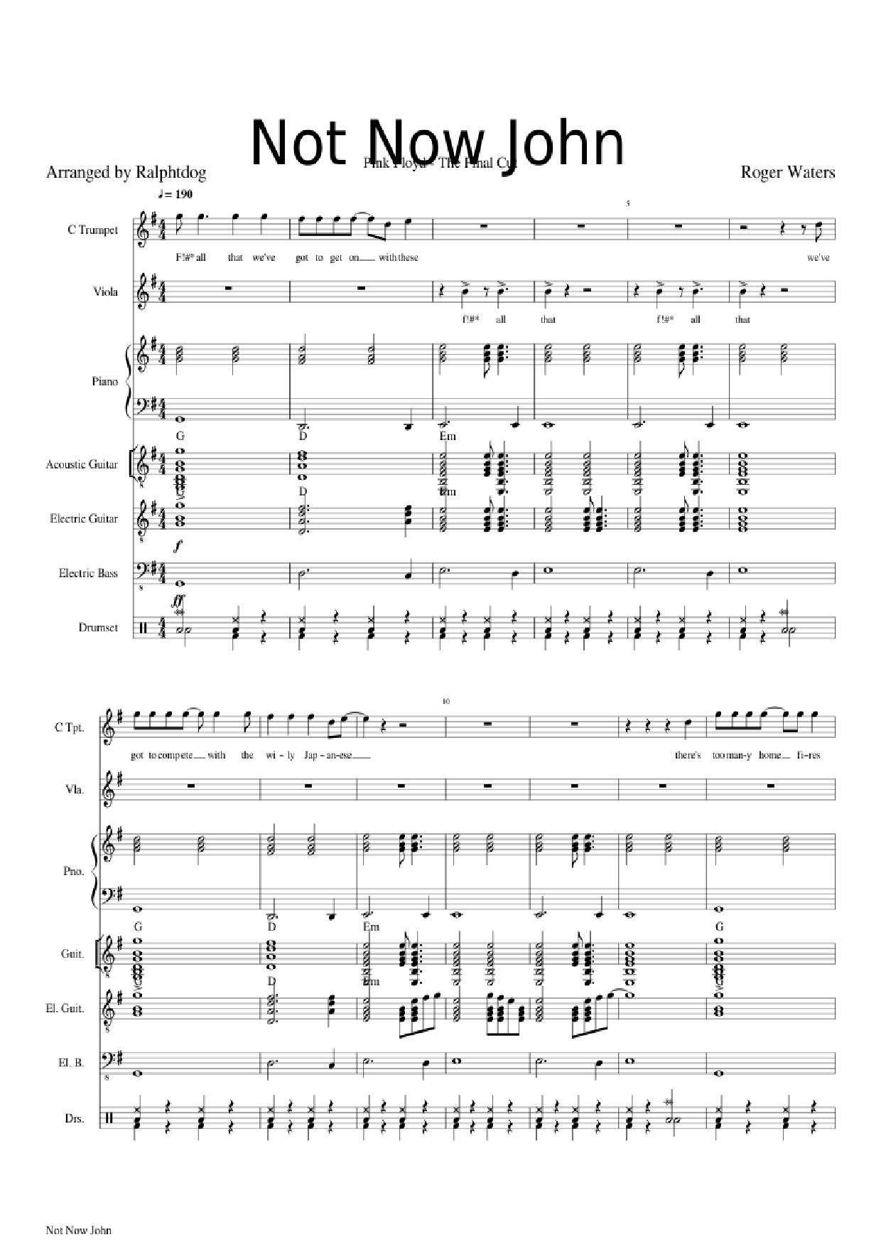 Sheet PDF of Not Now John Piano
