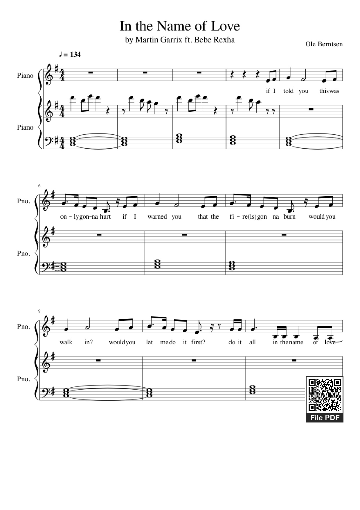 Page 1 of Sheet music PDF Piano In the Name of Love Piano - Ole Berntsen