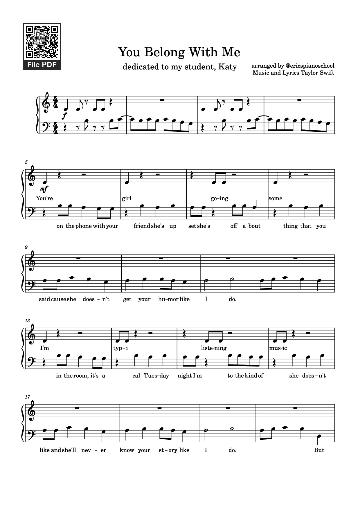 Page 1 of Sheet music PDF Piano You Belong With Me Piano - Arranged by @ericspianoschool