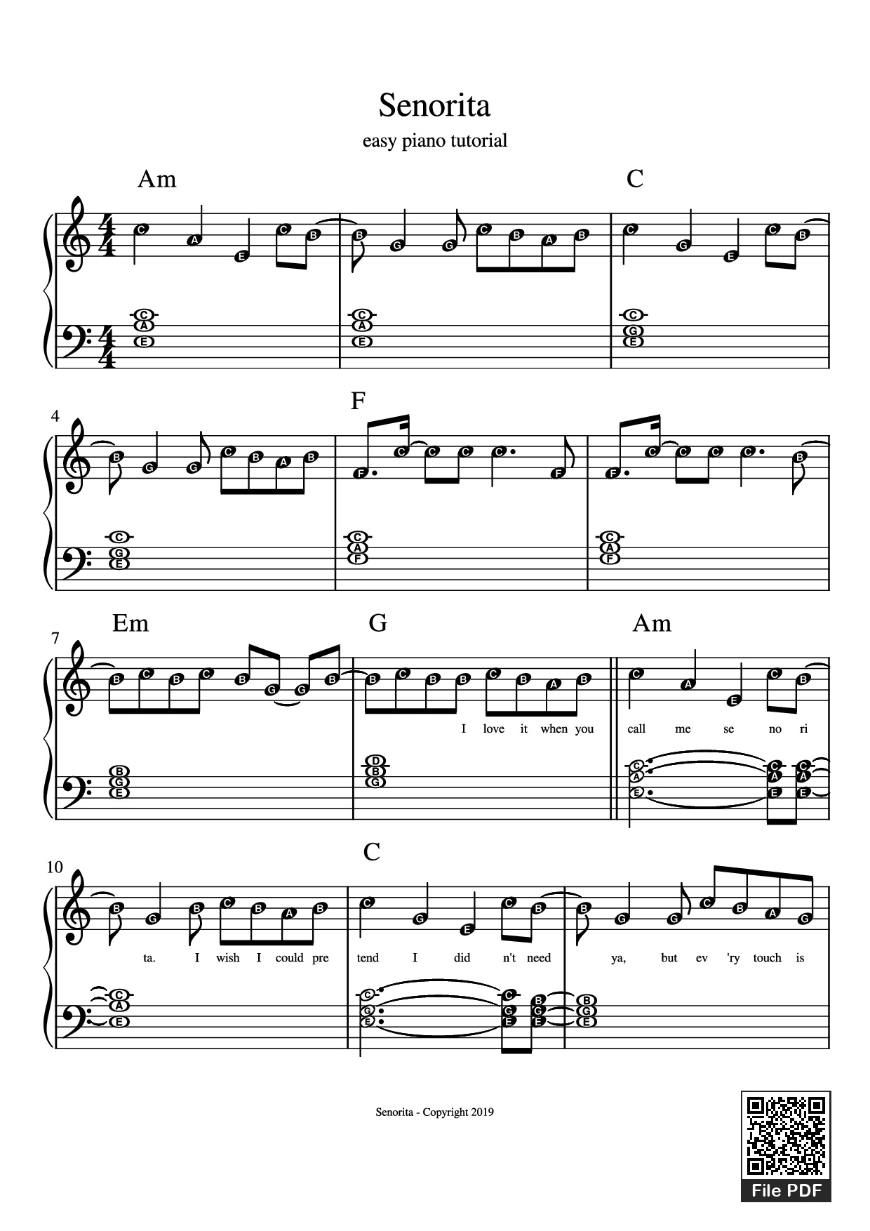 Page 1 of Sheet music PDF Piano Senorita Piano - Camilla Cabello, Shawn Mendes