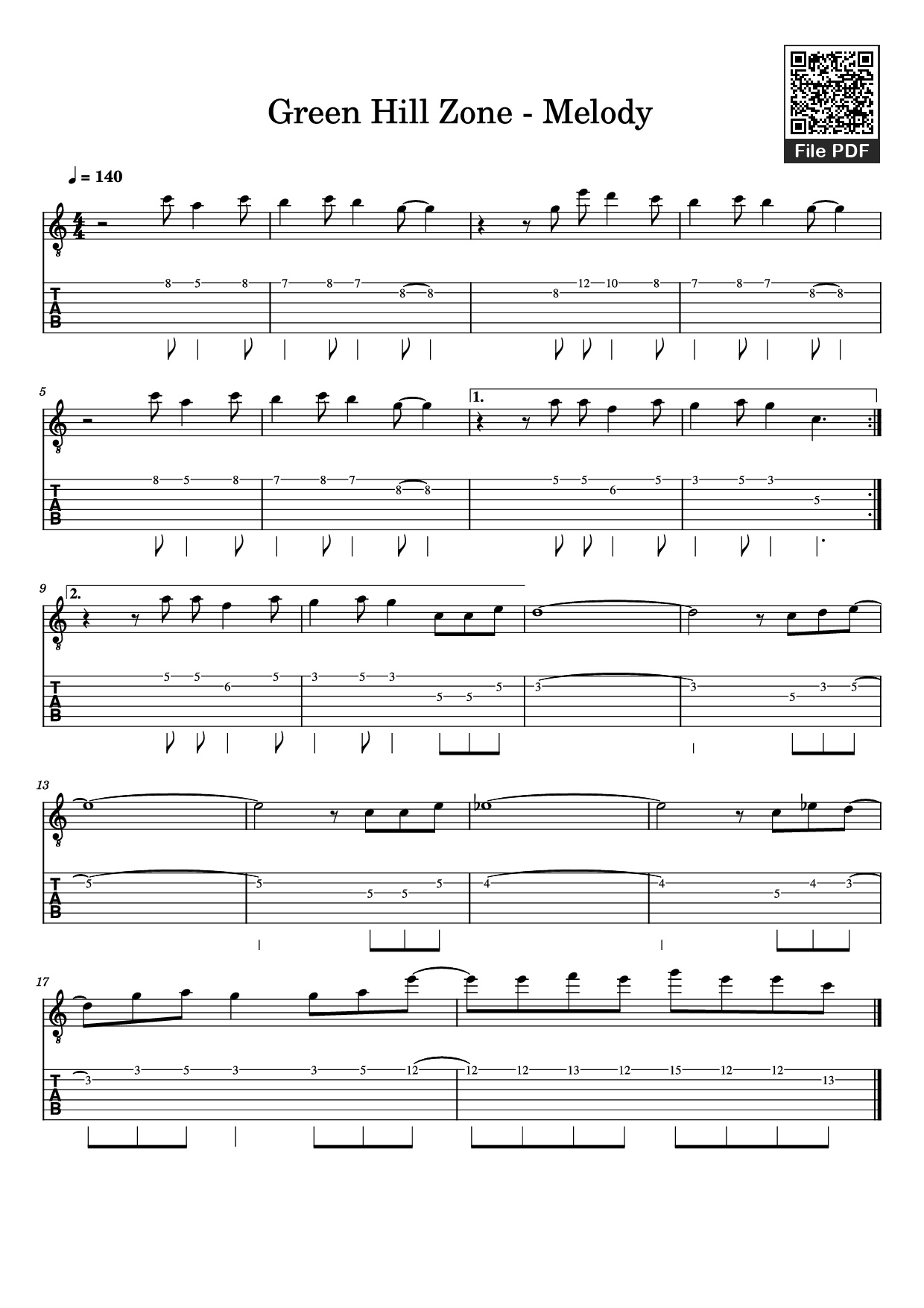 Sheet PDF of Green Hill Zone - Melody Guitar TAB