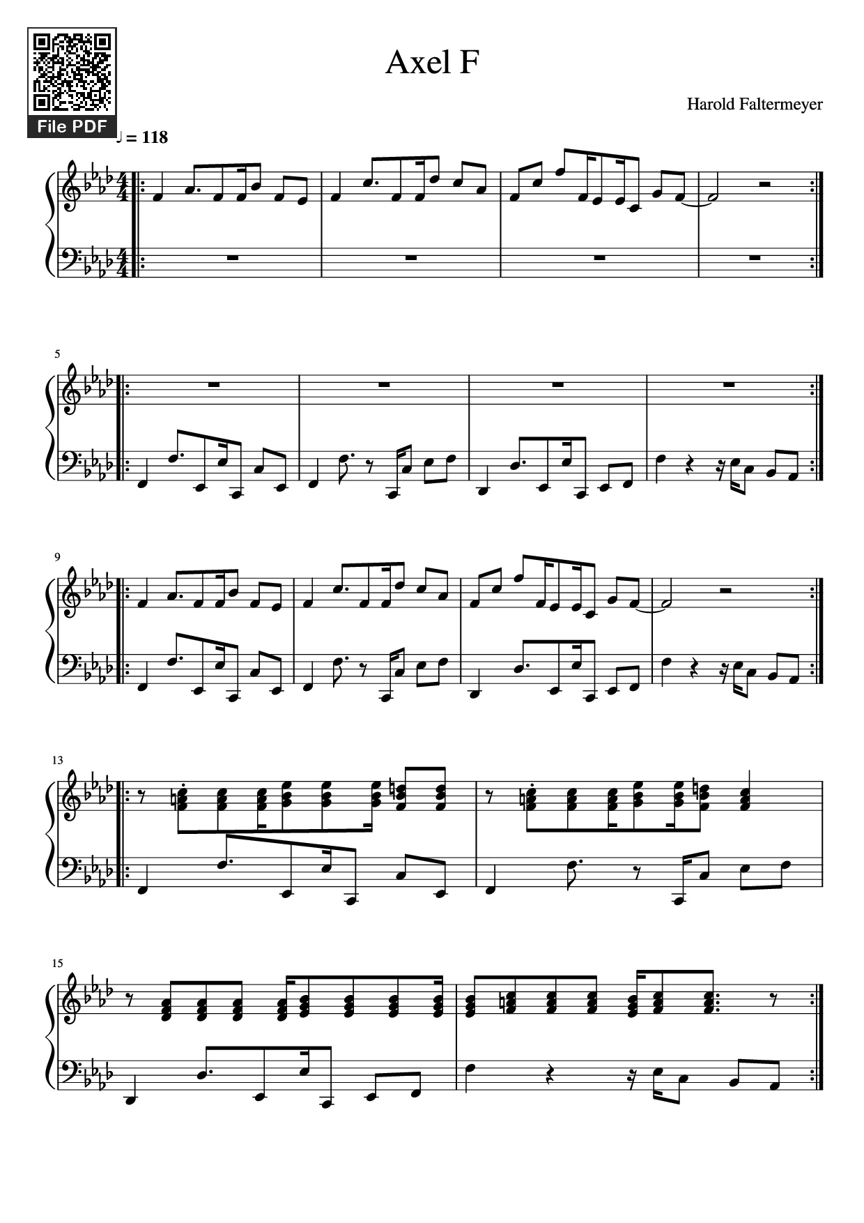 Page 1 of Sheet music PDF Piano Axel F Piano - Harold Faltermeyer
