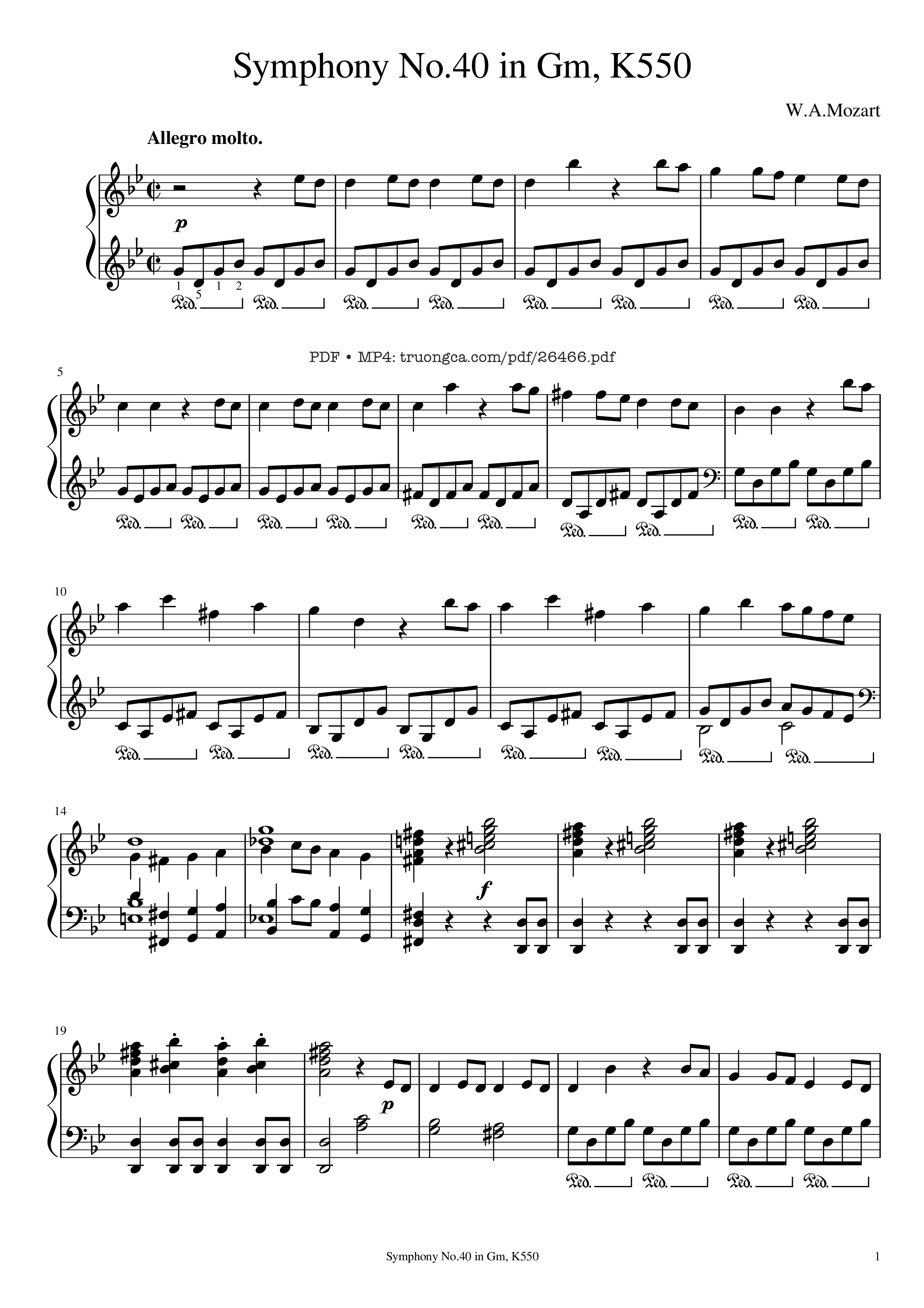 Page 1 of Sheet music PDF Piano Symphony No.40 in Gm, K550 Piano - W.A.Mozart