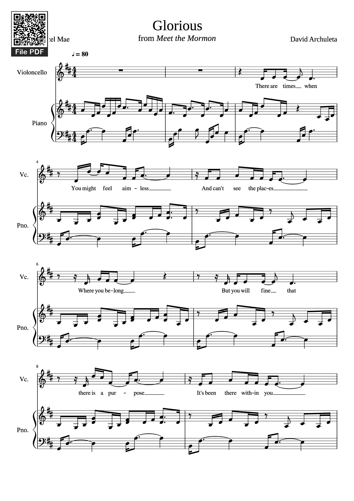 Page 1 of Sheet music PDF Piano Glorious Piano - David Archuleta