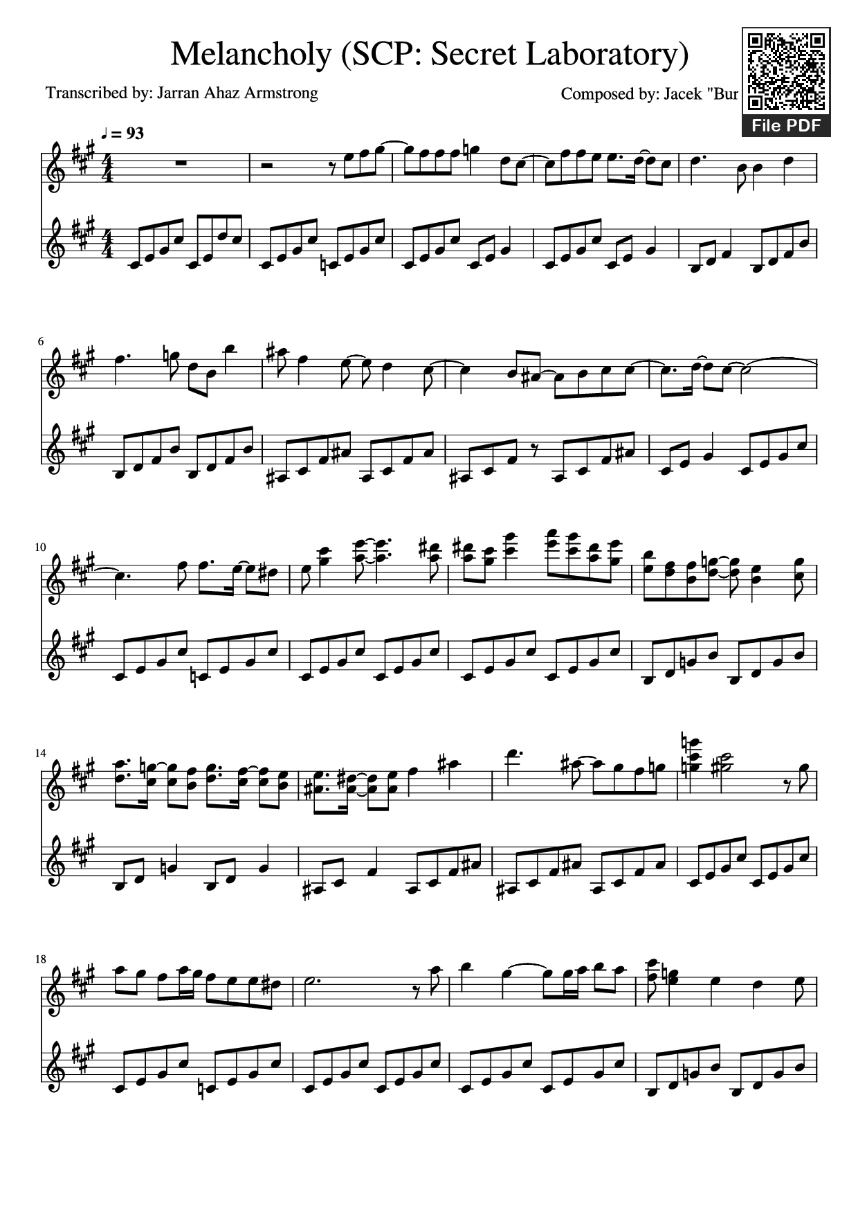 Page 1 of Sheet music PDF Piano Melancholy (SCP: Secret Laboratory) Piano - Composed by: Jacek Burnert Rogal
