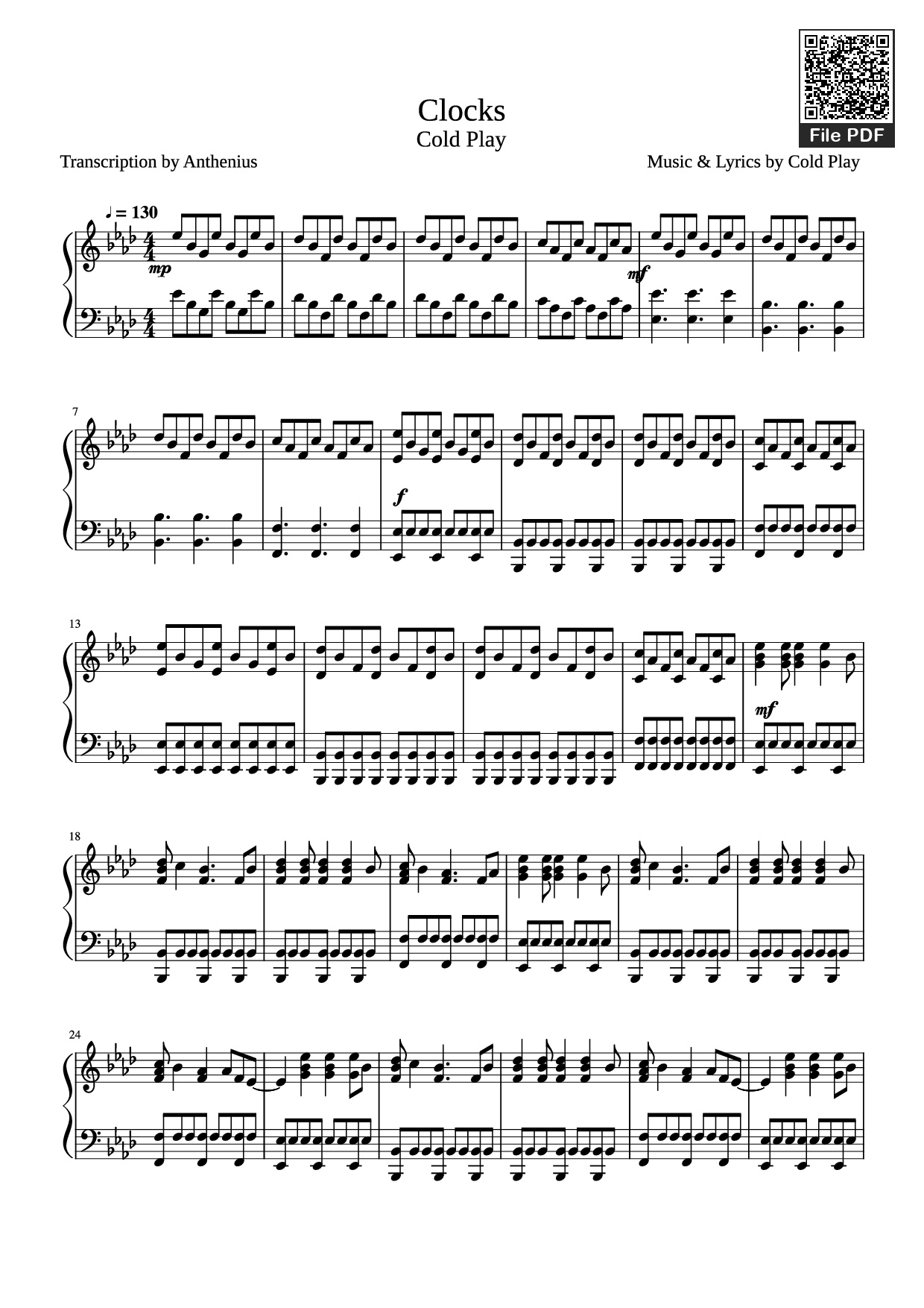 Sheet PDF of Clocks Cold Play Transcription by Anthenius Music & Lyrics by Cold Play Piano