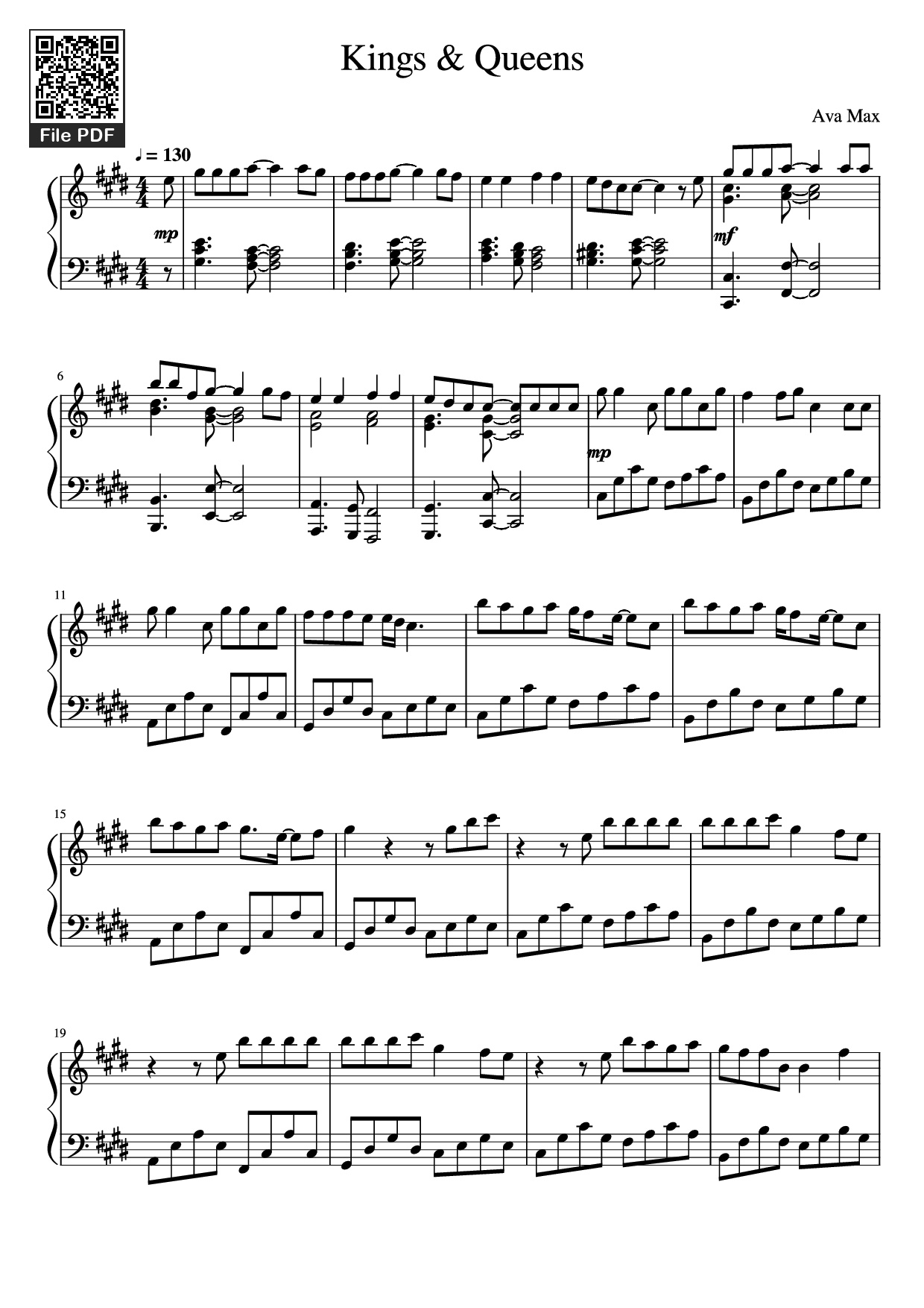 Page 1 of Sheet music PDF Piano Kings & Queens Piano - Ava Max