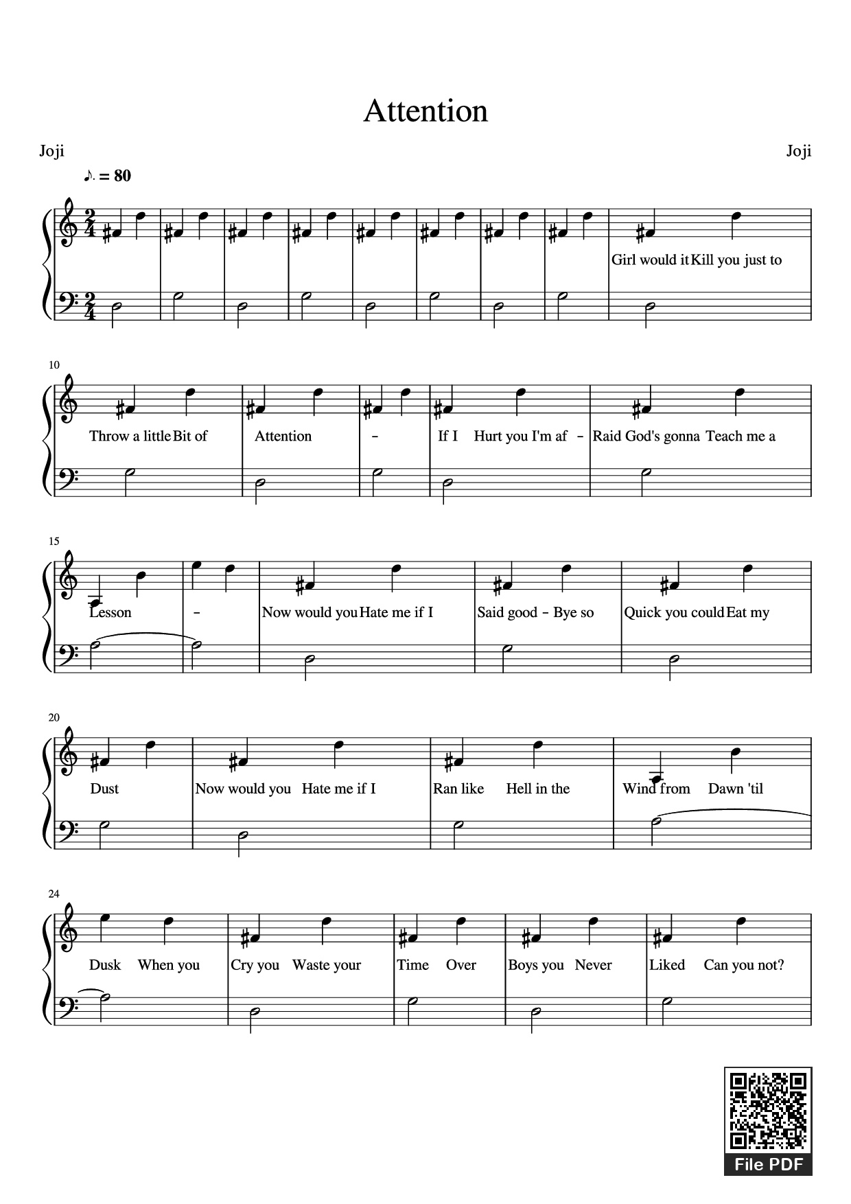 Page 1 of Sheet music PDF Piano Attention Piano - Joji