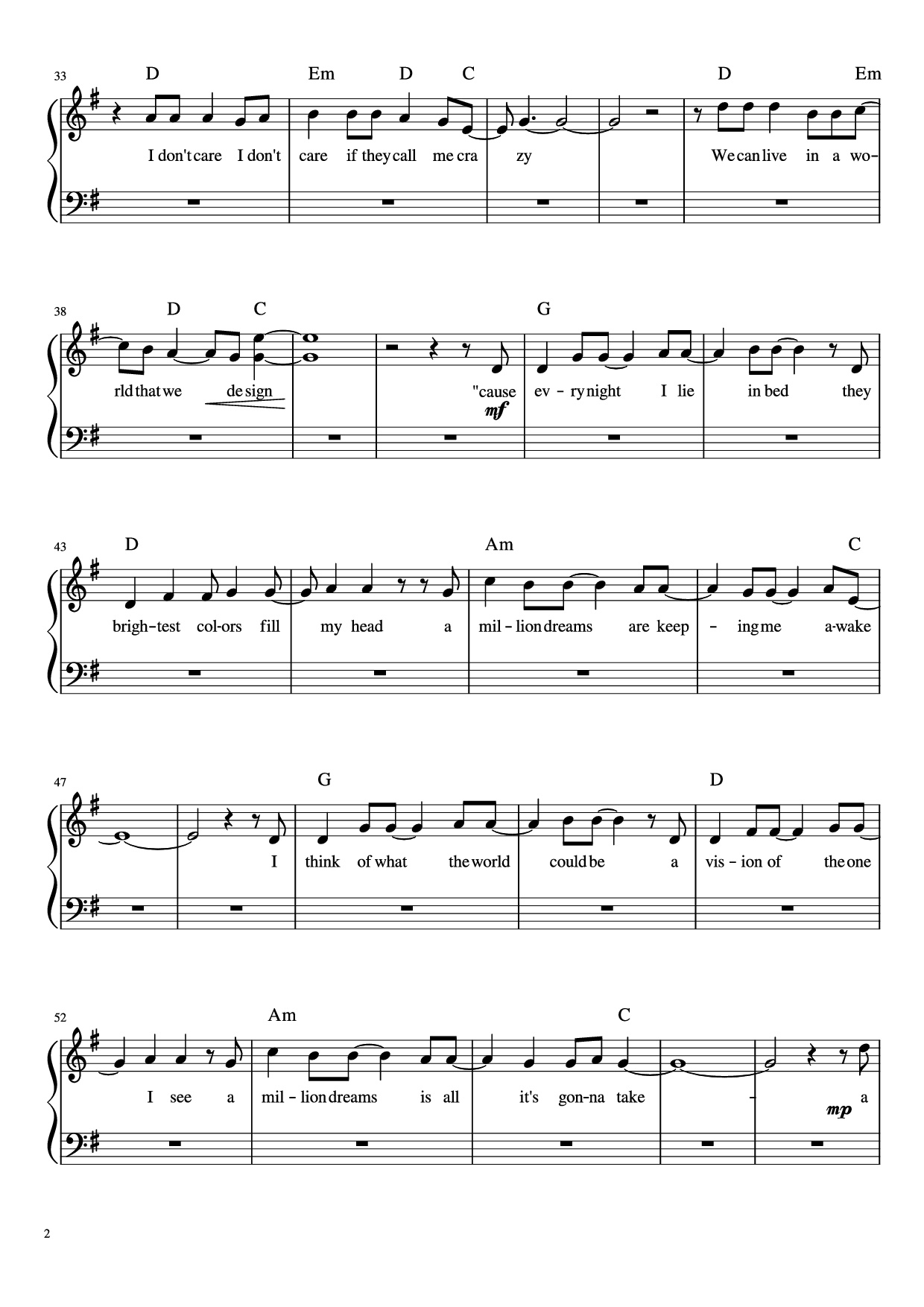 Page 2 of Sheet music PDF Piano A Millon Dreams Piano - Aidan Meggitt