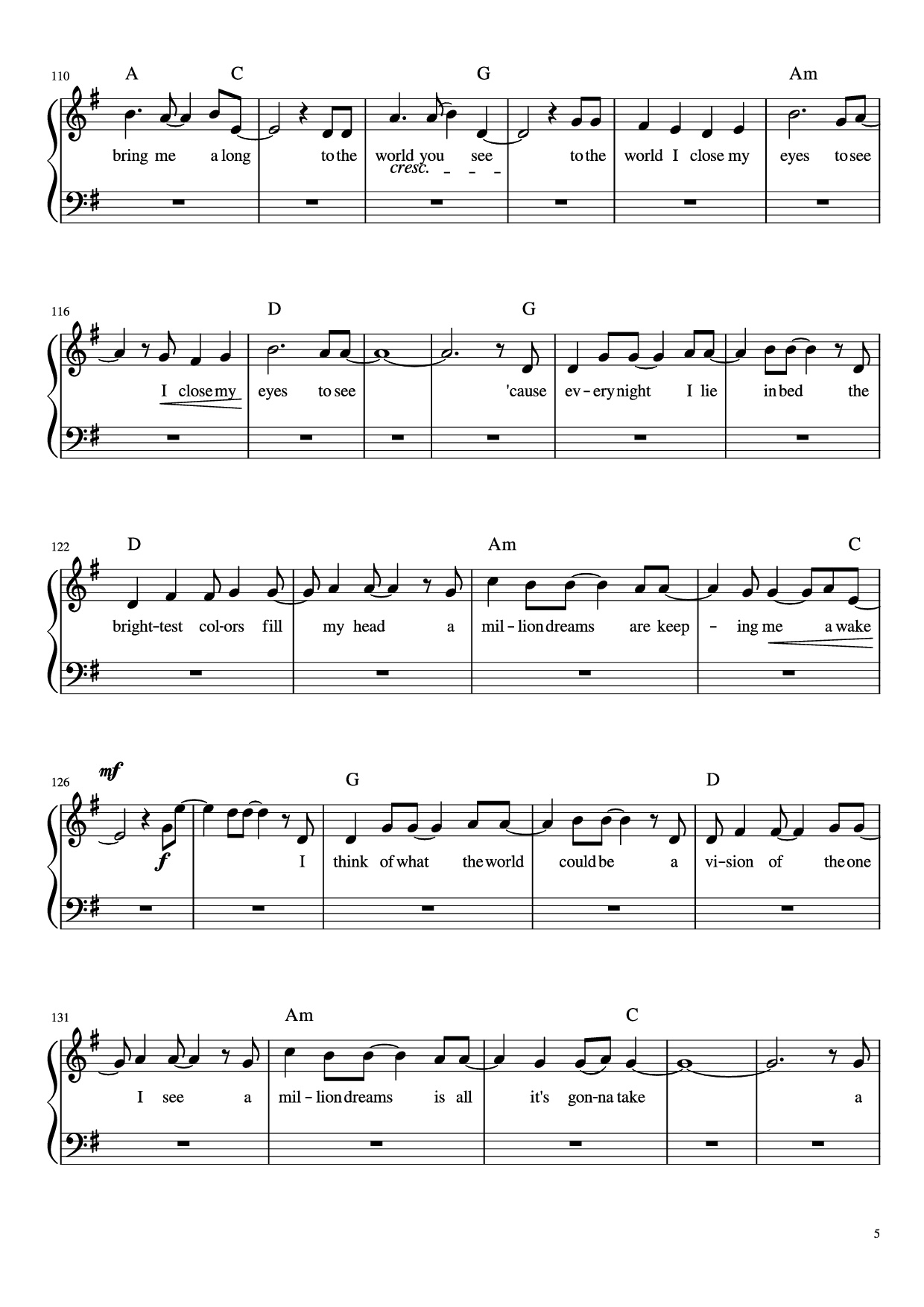 Page 5 of Sheet music PDF Piano A Millon Dreams Piano - Aidan Meggitt