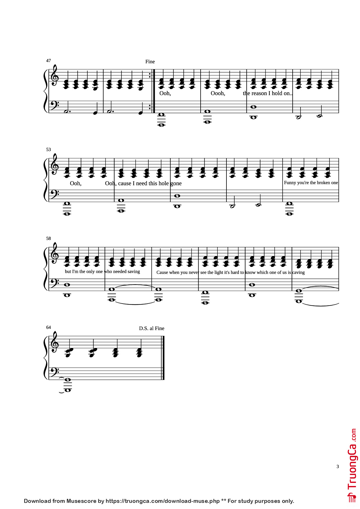 Page 3 of Sheet music PDF Piano Stay Piano - Rihanna Arranged by Madeline Stratford