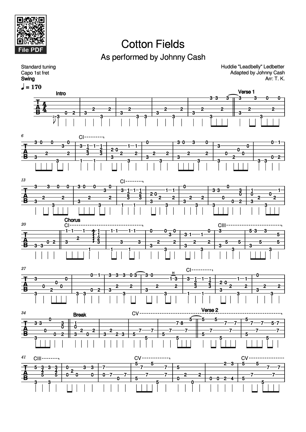 Sheet PDF of Cotton Fields Guitar TAB