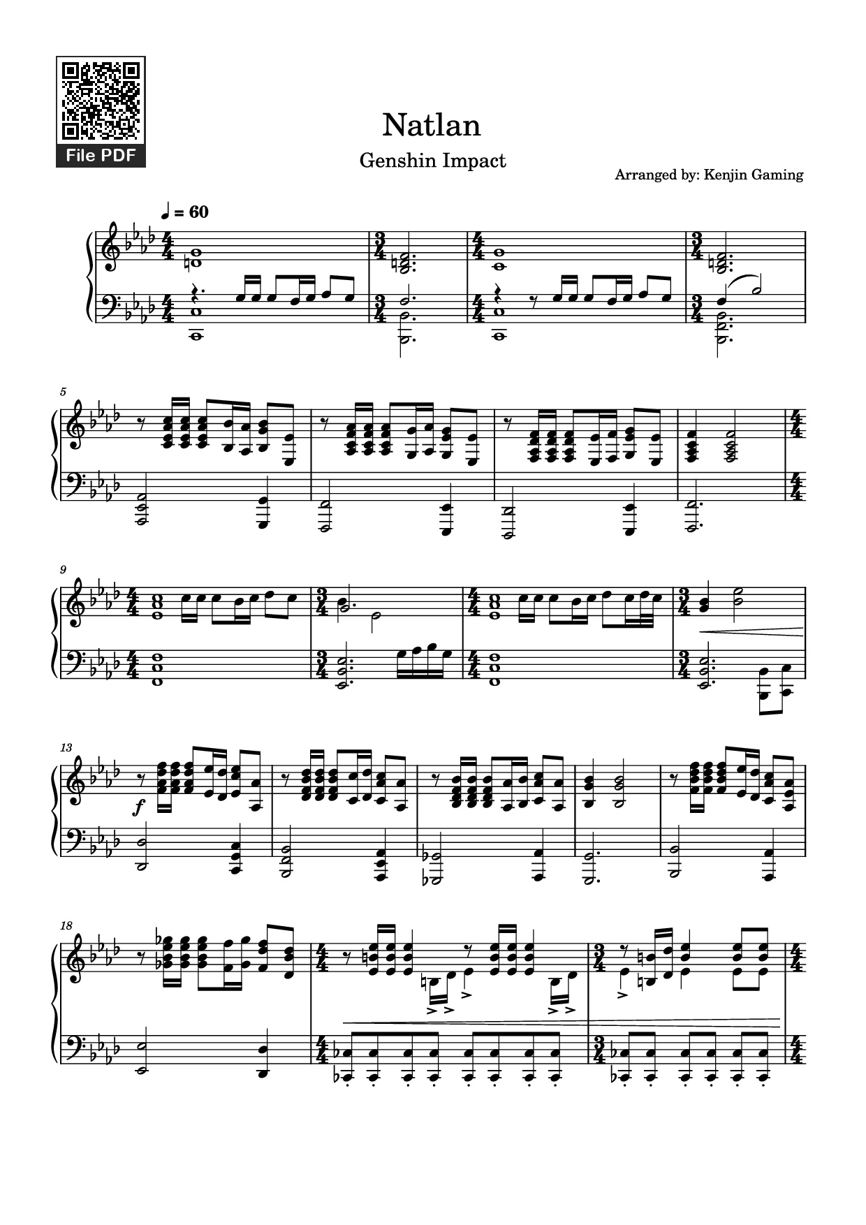 Page 1 of Sheet music PDF Piano Natlan Piano - Arranged by: Kenjin Gaming