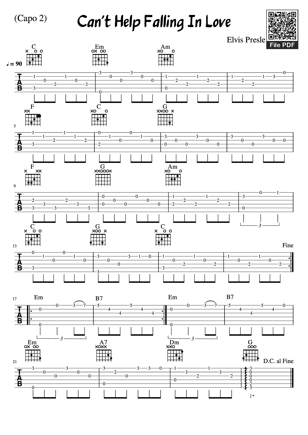 Sheet PDF of Can't Help Falling In Love Guitar TAB