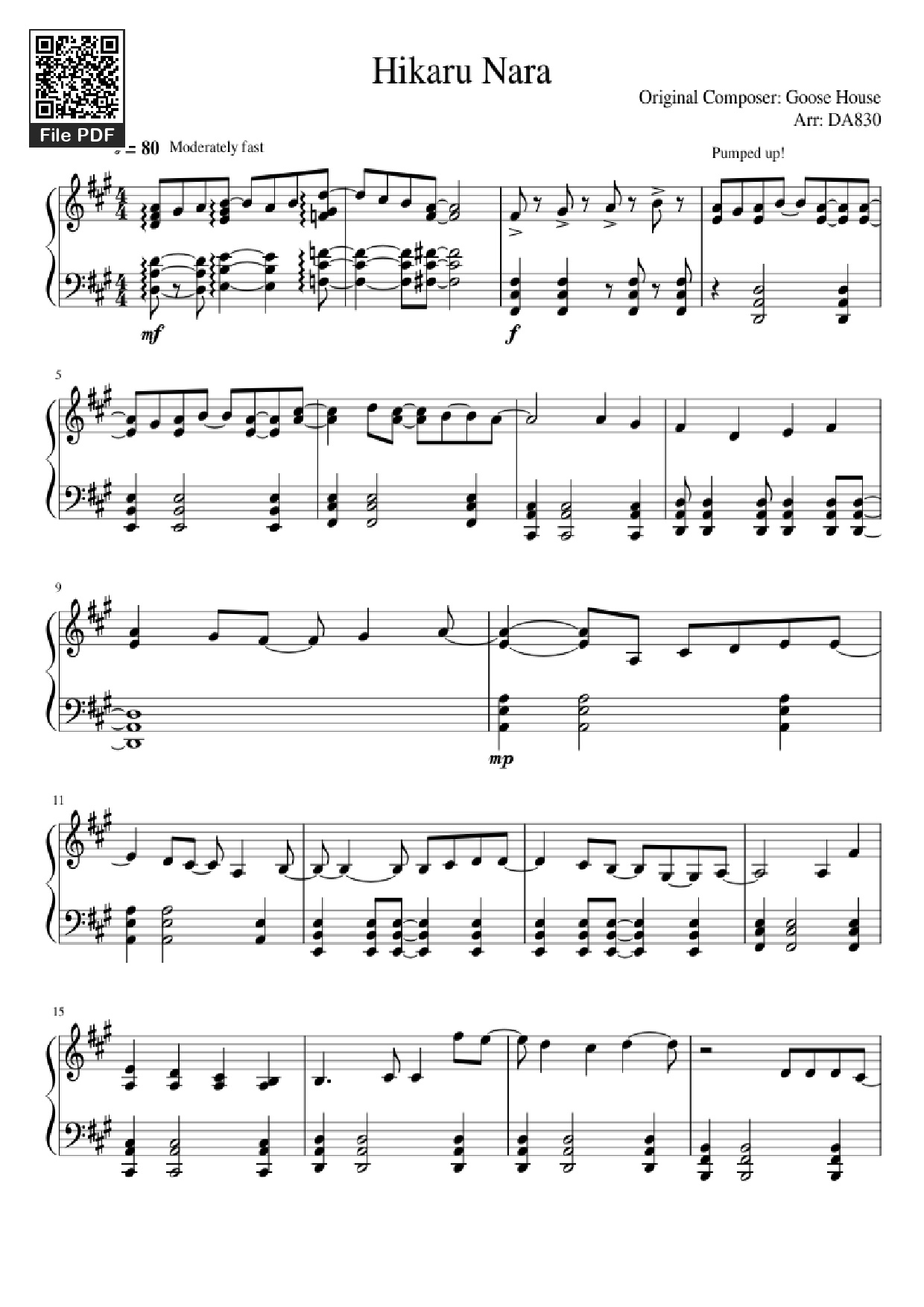 Page 1 of Sheet music PDF Piano Hikaru Nara Piano - Original Composer: Goose House Arr: DA830