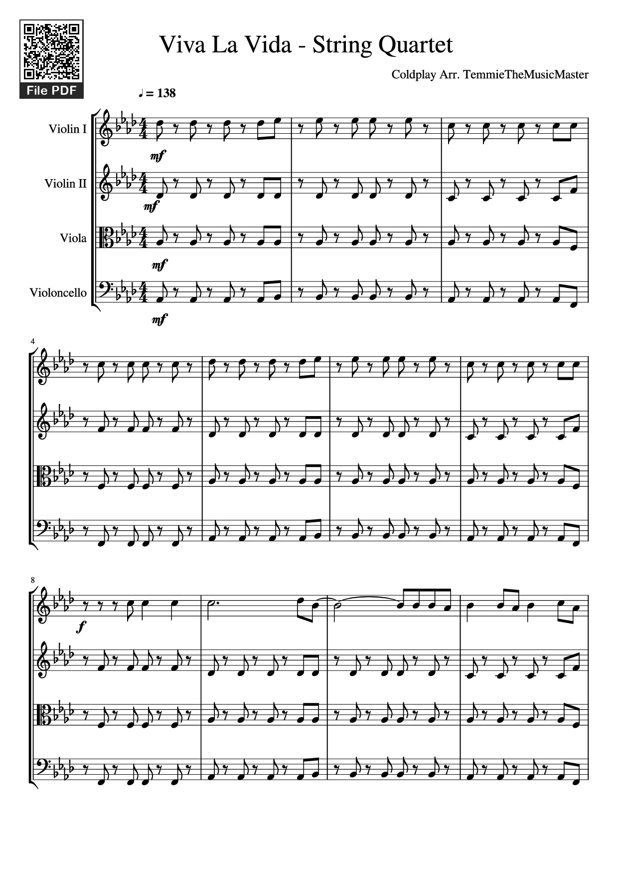 Page 1 of Sheet music PDF Viva La Vida - String Quartet Violin - Coldplay Arr. TemmieTheMusicMaster