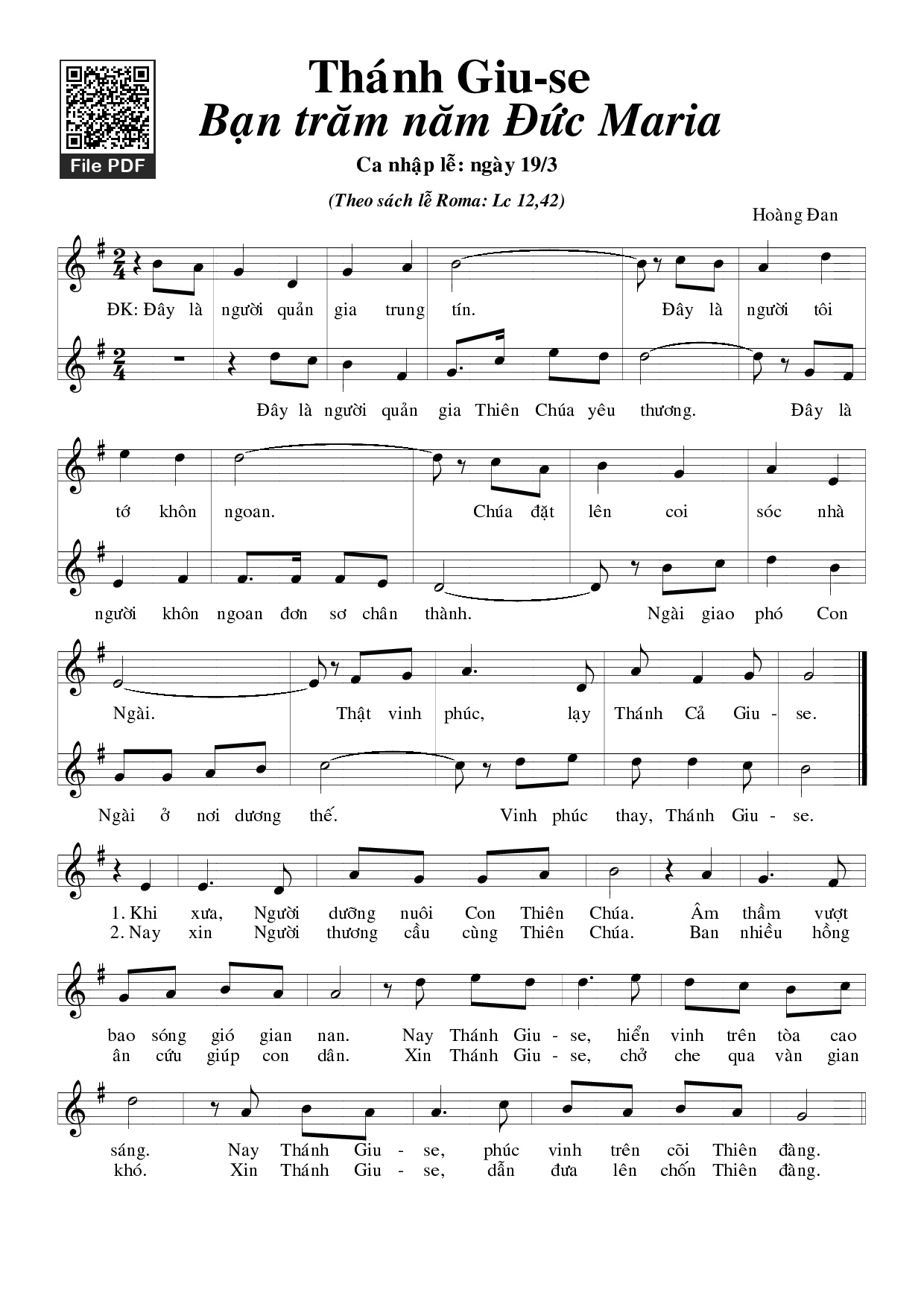 Sheet PDF of Thánh Giuse Bạn Trăm Năm Đức Maria