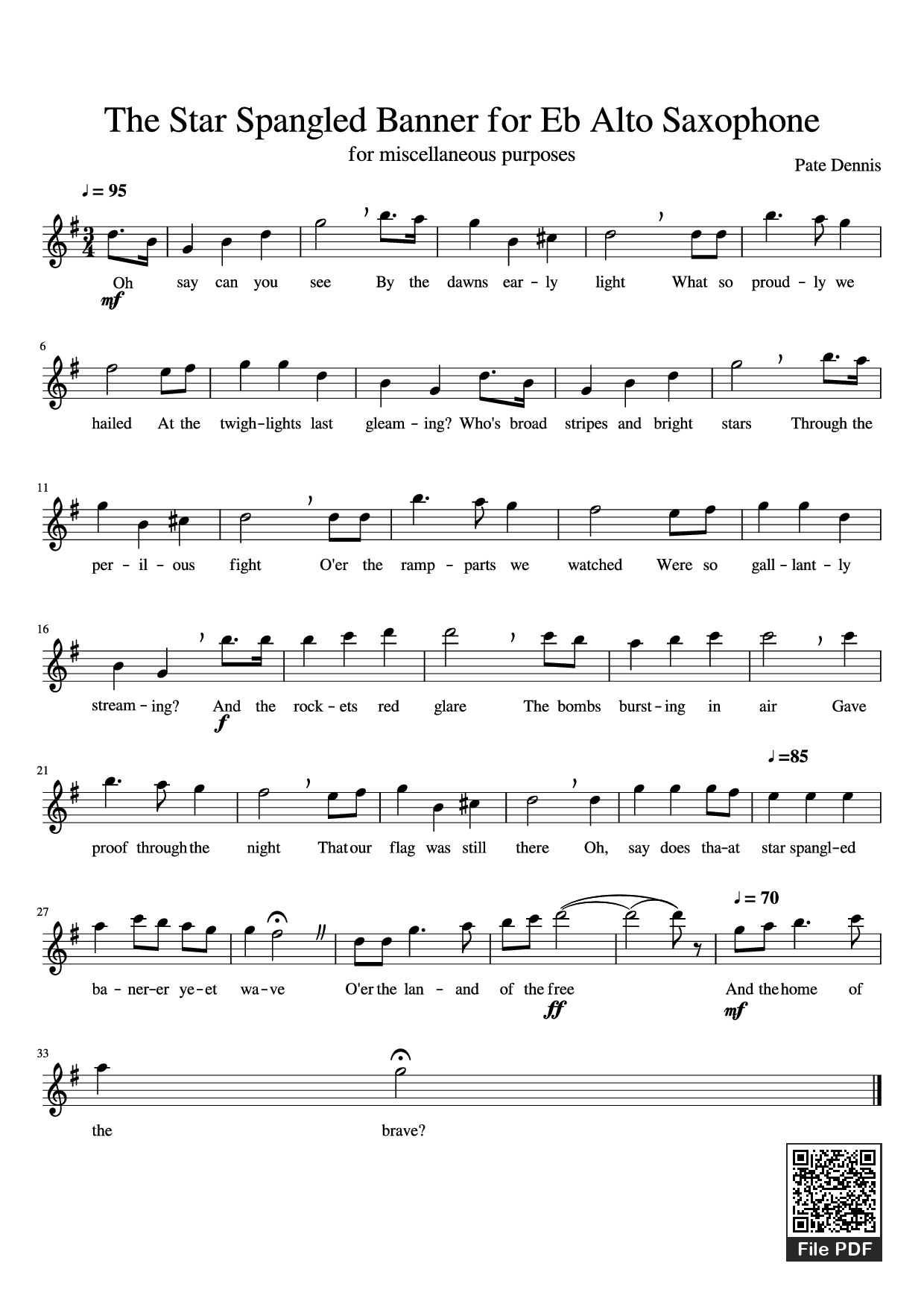 Sheet PDF of The Star Spangled Banner for Eb Alto Saxophone