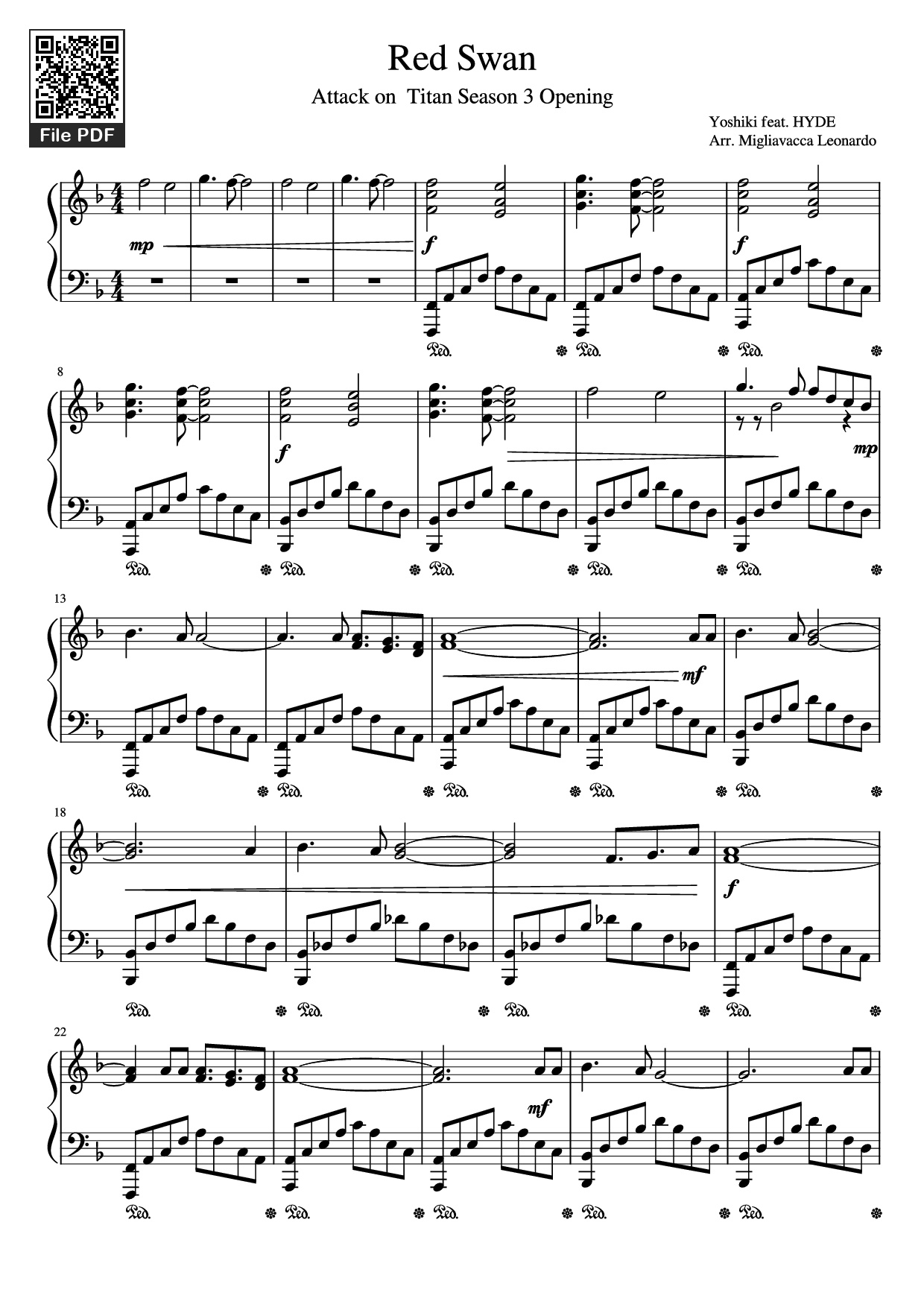 Page 1 of Sheet music PDF Piano Red Swan Piano - Yoshiki - feat. HYDE