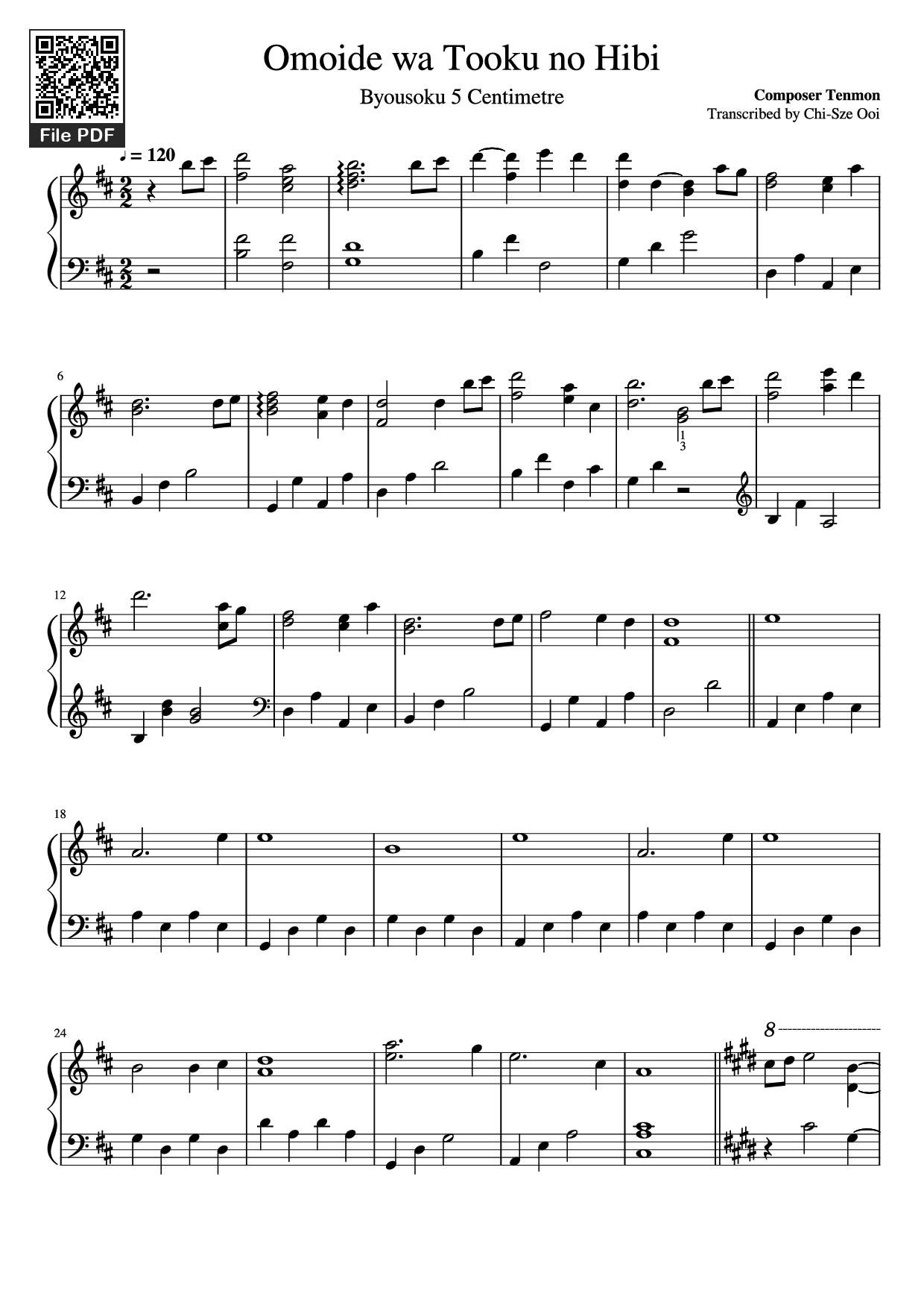 Page 1 of Sheet music PDF Piano Omoide wa Tooku no Hibi Piano - Composer Tenmon Transcribed by Chi-Sze Ooi