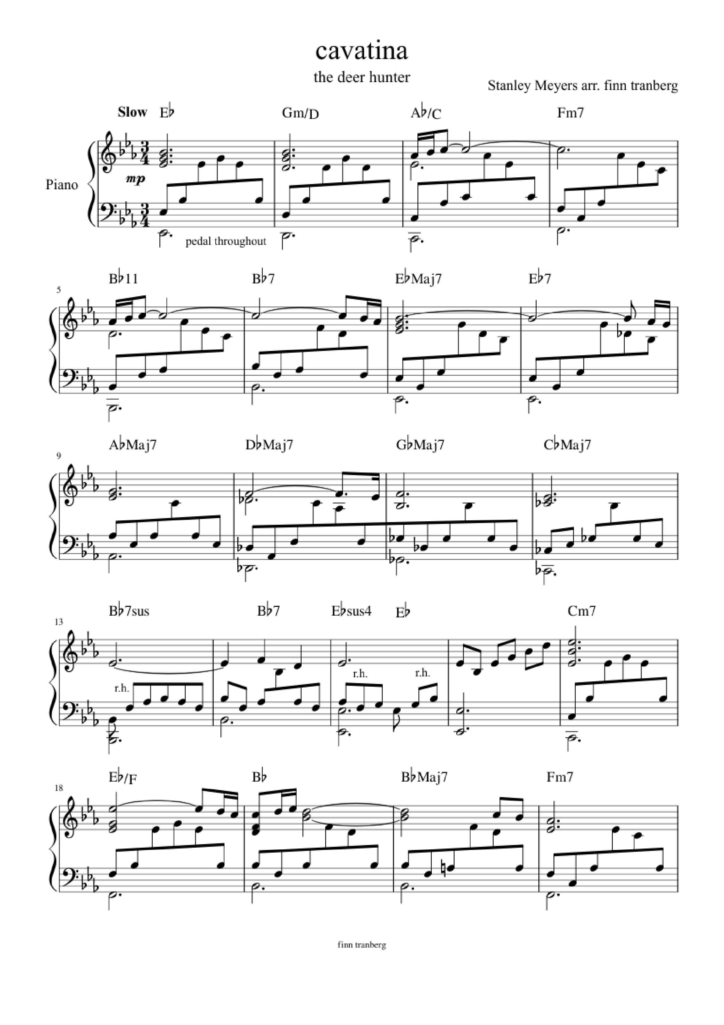 Sheet PDF of Cavatina Piano - Stanley Meyers Arr: Finn Tranberg