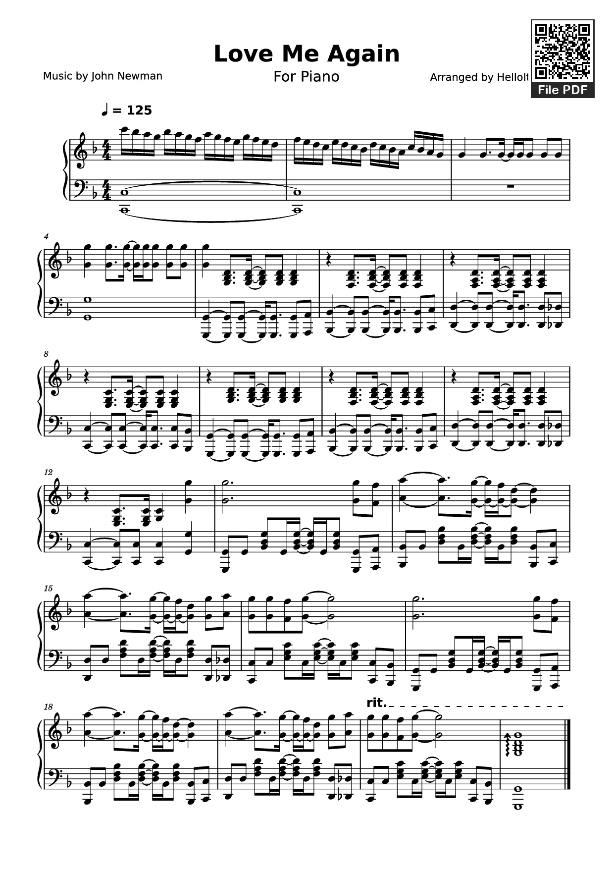 Sheet PDF of Love Me Again Piano