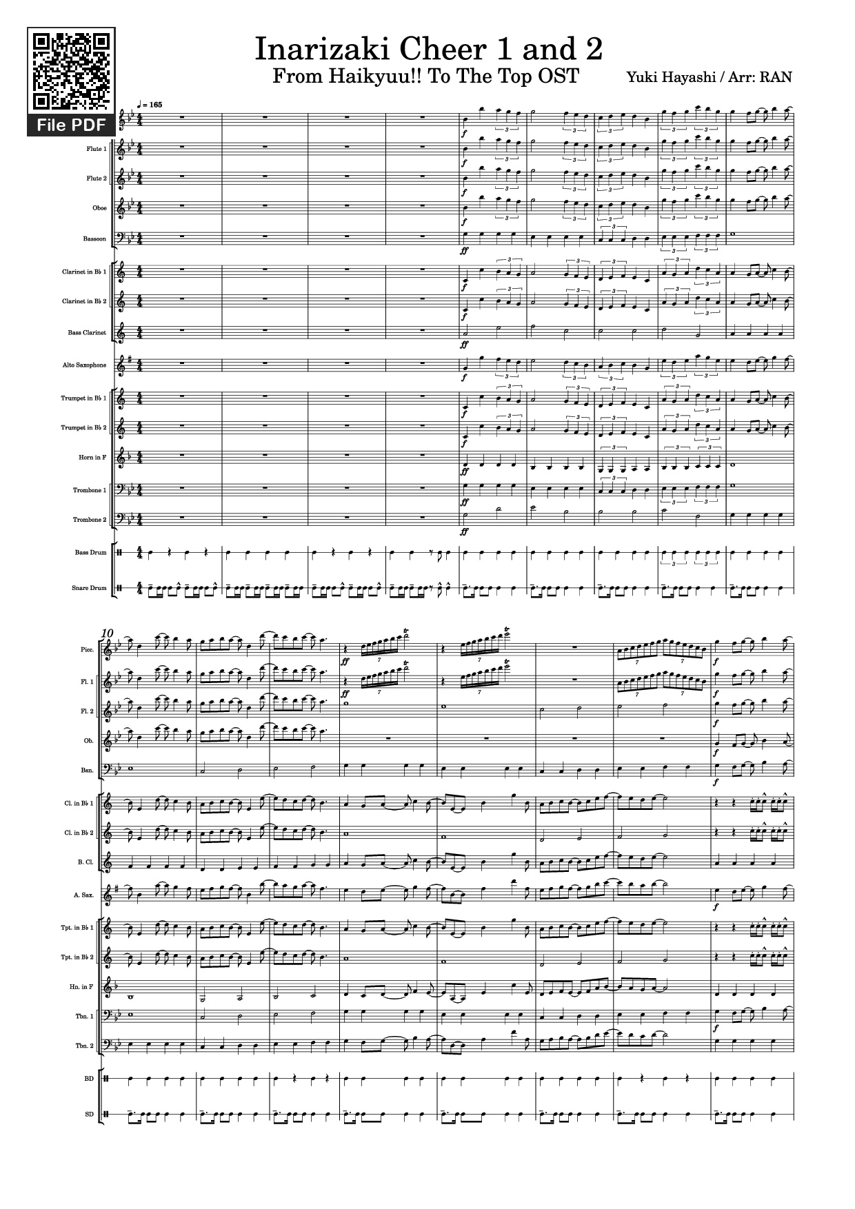 Page 1 of Sheet music PDF Inarizaki Cheer 1 and 2 - Yuki Hayashi / Arr: RAN