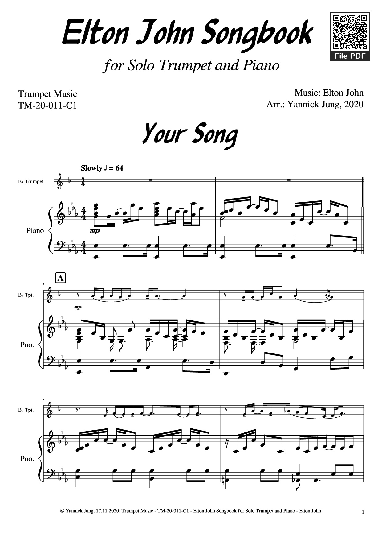 Page 2 of Sheet music PDF Piano Elton John Songbook for Solo Trumpet and Piano - Music: Elton JohnArr.: Yannick Jung, 2020