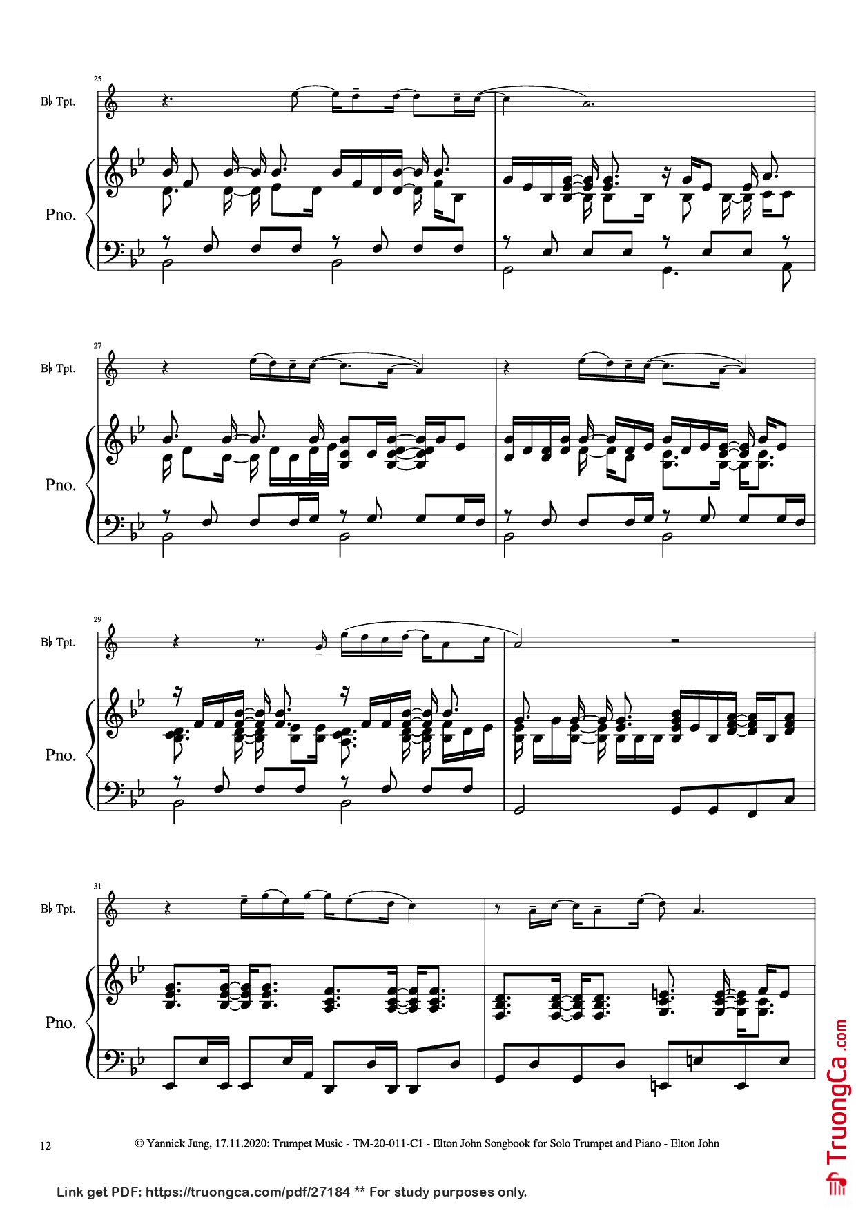 Page 13 of Sheet music PDF Piano Elton John Songbook for Solo Trumpet and Piano - Music: Elton JohnArr.: Yannick Jung, 2020