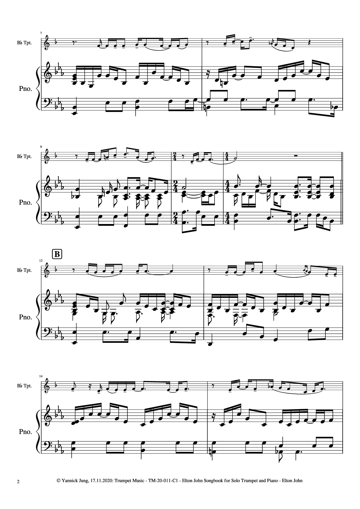 Page 3 of Sheet music PDF Piano Elton John Songbook for Solo Trumpet and Piano - Music: Elton JohnArr.: Yannick Jung, 2020