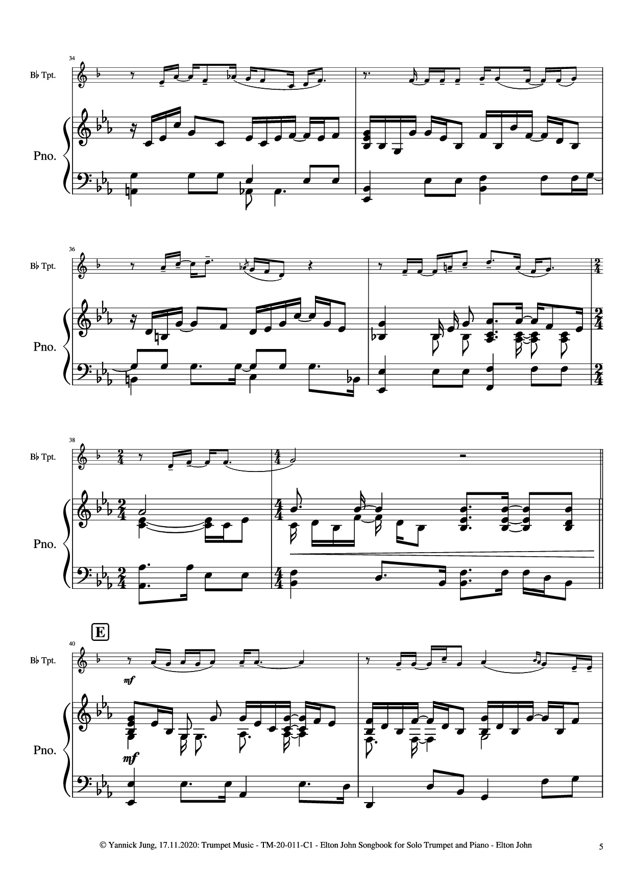 Page 6 of Sheet music PDF Piano Elton John Songbook for Solo Trumpet and Piano - Music: Elton JohnArr.: Yannick Jung, 2020